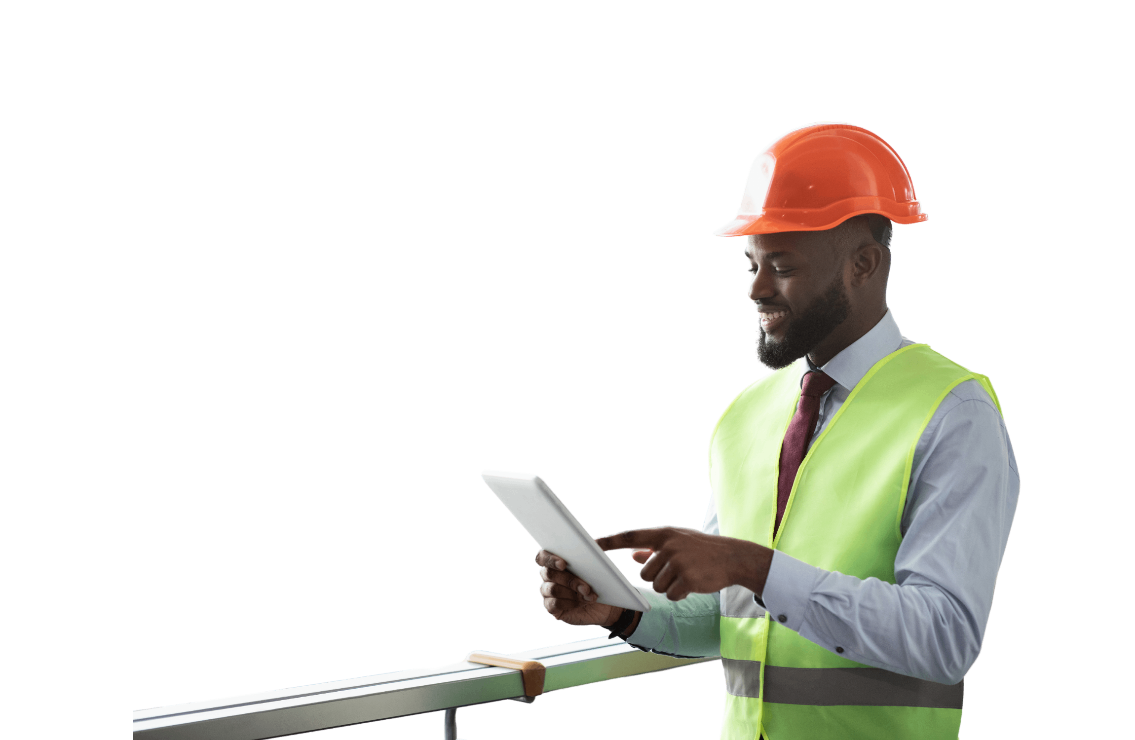 A civil engineer in a hard hat and safety vest using a digital tablet for project submissions on a black background
