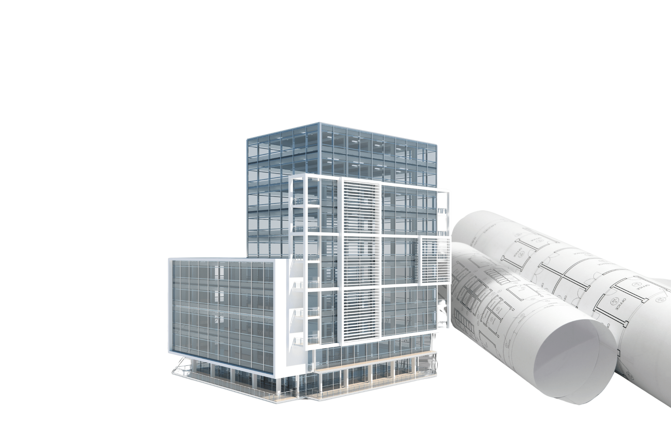 3D architectural rendering of a modern glass office building model next to rolled blueprints on a white background