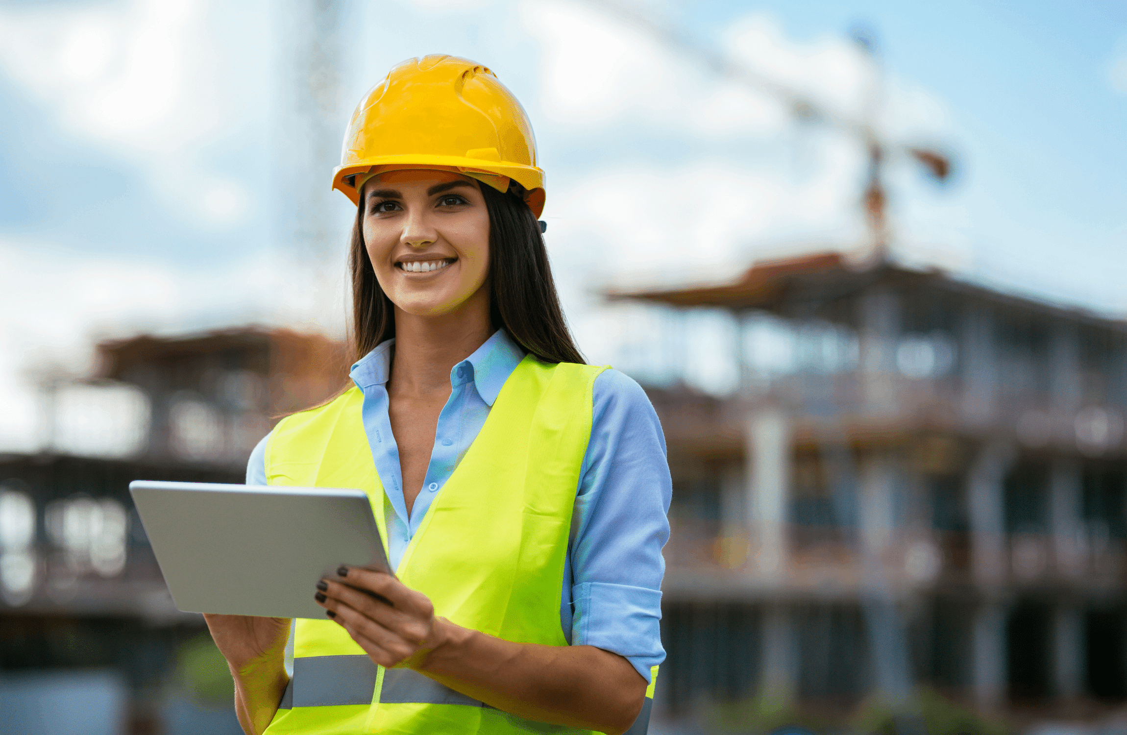 Portrait of a smiling female engineer in a yellow hard hat and safety vest holding a tablet with a blurred construction site in the background.