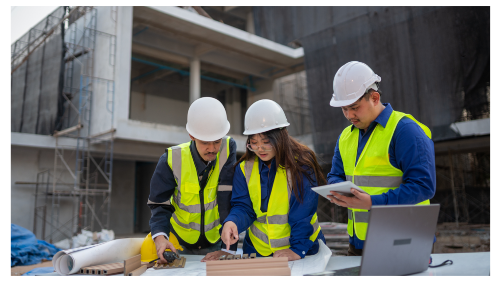 Engineering Team Conducting On-Site Technical Review Three professionals wearing white hard hats and high-visibility yellow safety vests stand at a table on a construction site. A woman points at blueprints on the table while a man next to her looks on and another man holds a digital tablet. A laptop and rolled blueprints are also on the table against a background of a building under construction.