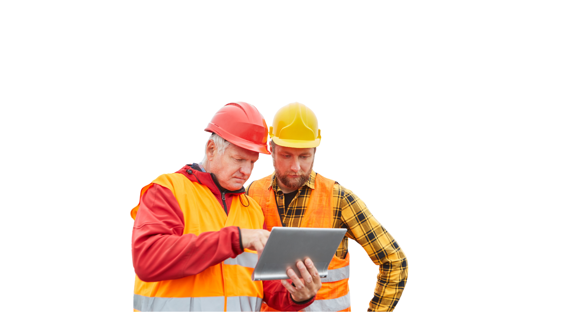 Engineering Team Reviewing Digital Site Data Two men wearing hard hats and high-visibility orange safety vests stand against a solid black background. The man on the left wears a red hard hat and points at a digital tablet held by the man on the right, who wears a yellow hard hat and a plaid shirt.
