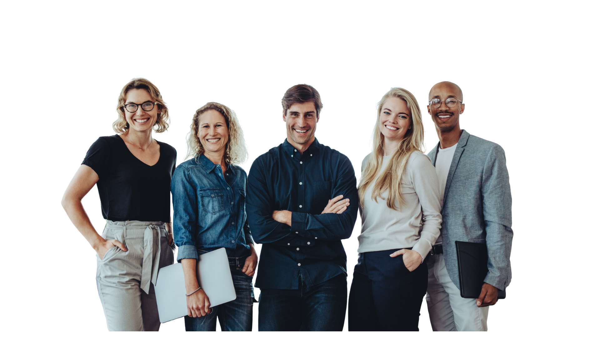 A group portrait of five smiling professional colleagues standing together in smart-casual attire.