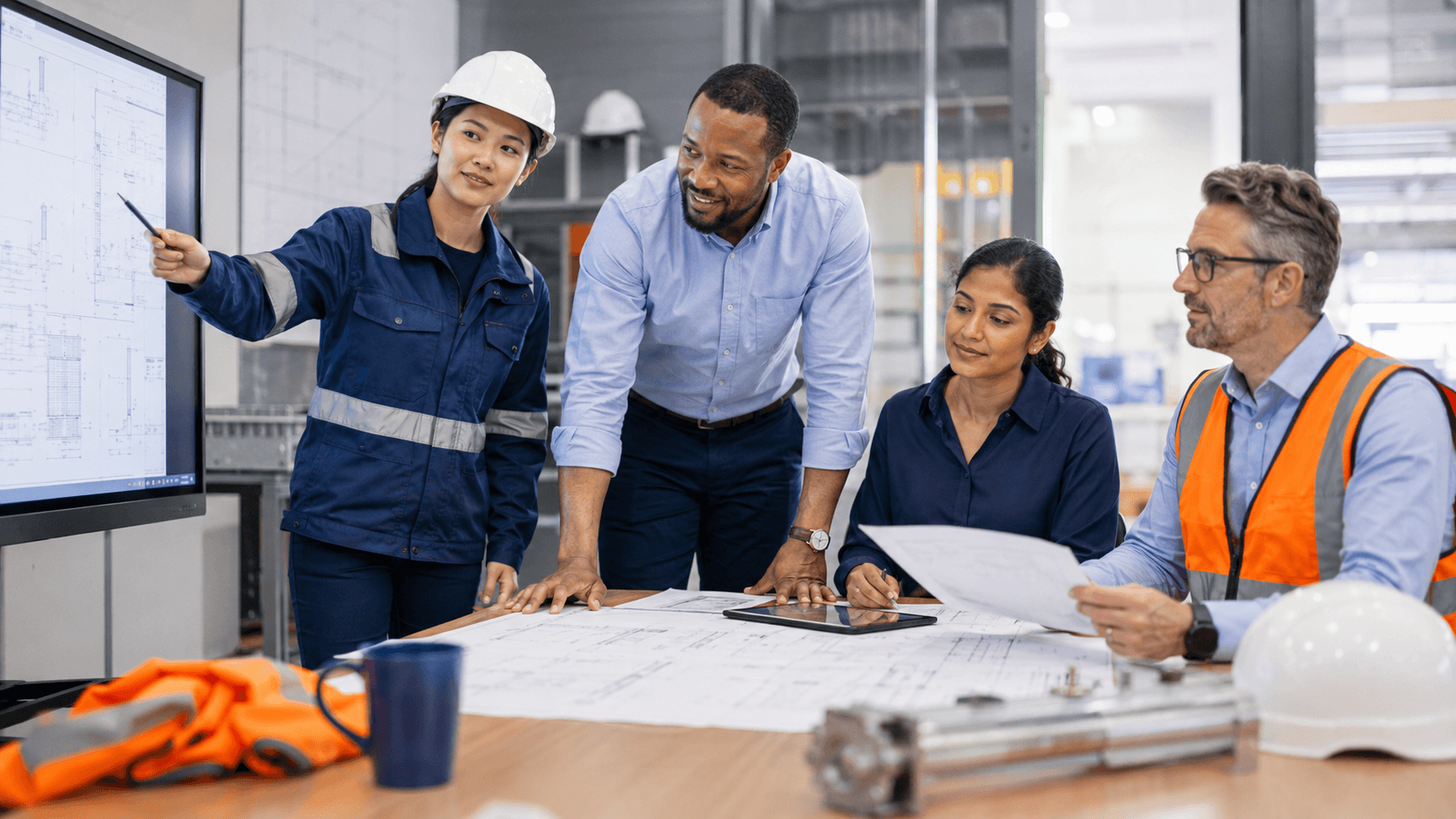 Compliance Review for Engineering Documents Industrial engineering team reviewing compliance documentation, technical binders, and digital records in a modern office.