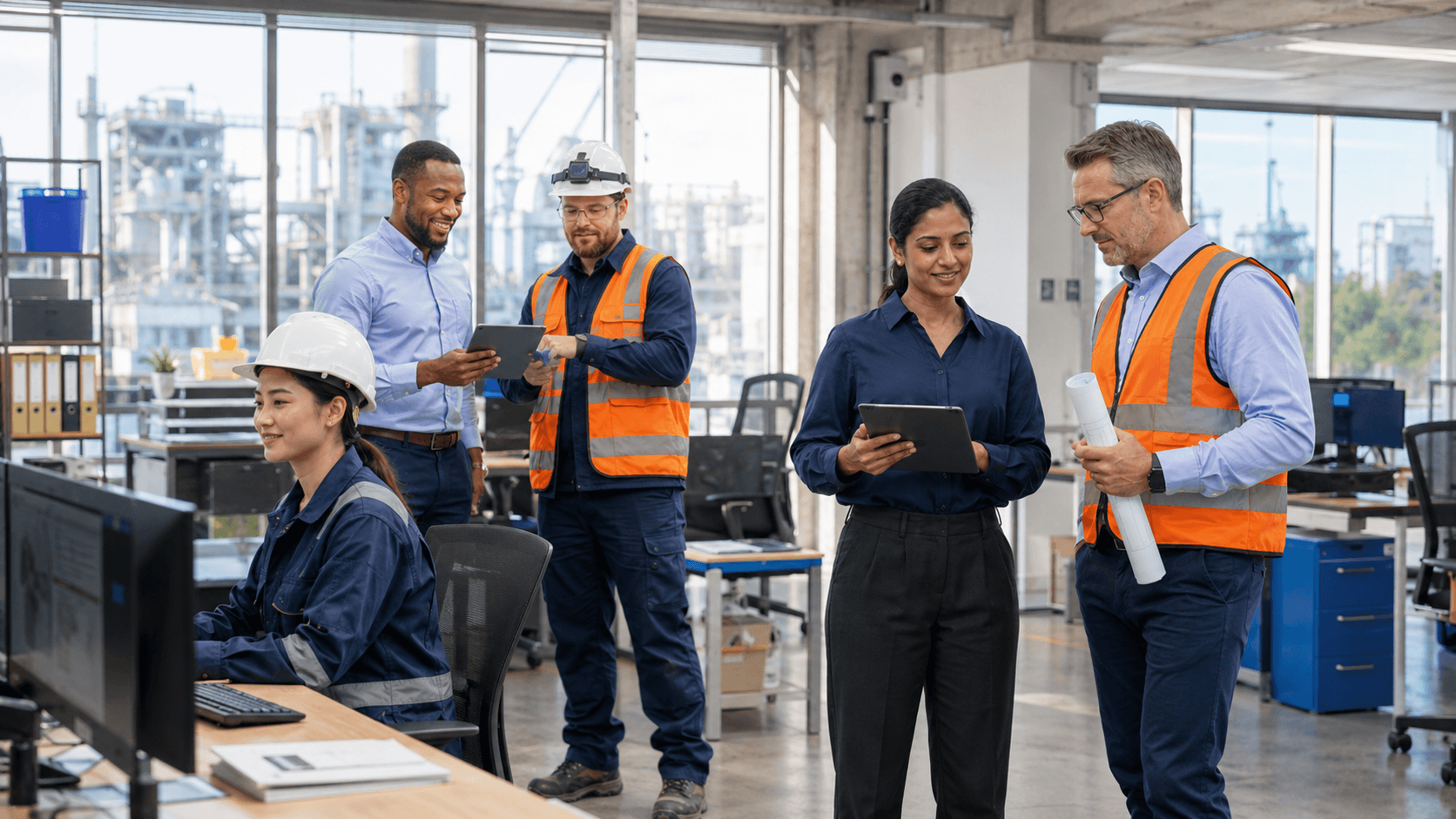 Connected Engineering Maintenance and Project Teams Engineers, maintenance technicians, and project managers collaborating in a modern industrial office with shared documentation tools.