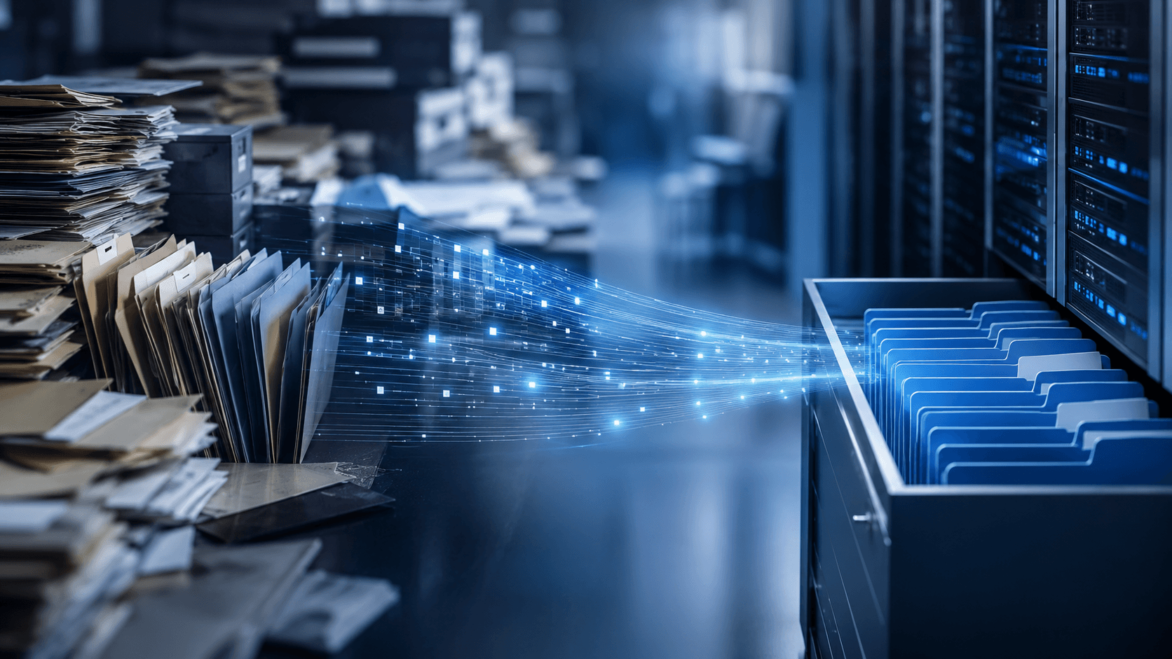 Scattered legacy file folders being organized into a centralized digital data system, representing Vault data load planning and migration.