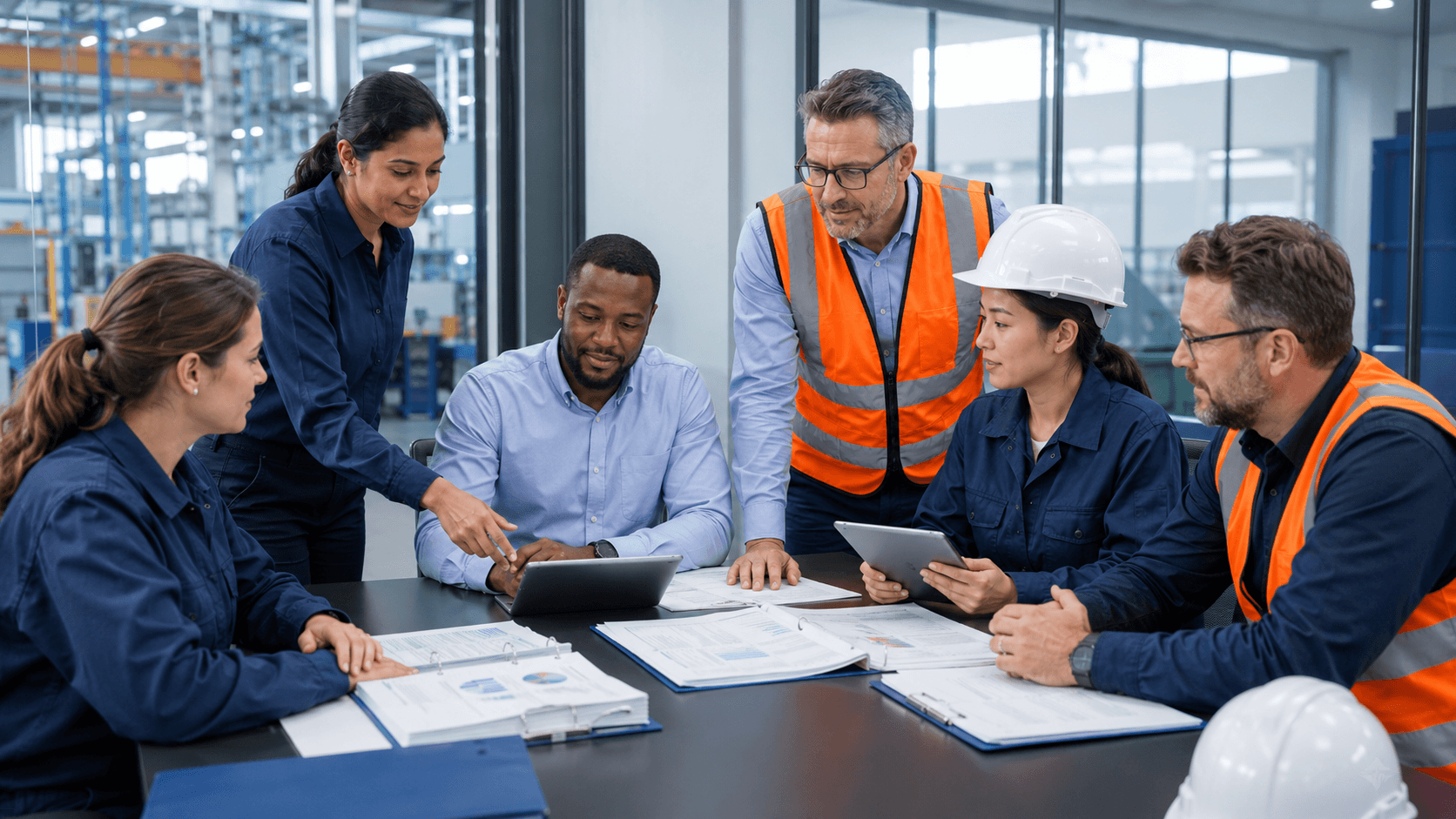 Engineering Team Reviewing Technical Drawings Engineering team reviewing digital and printed technical drawings in a modern industrial office.