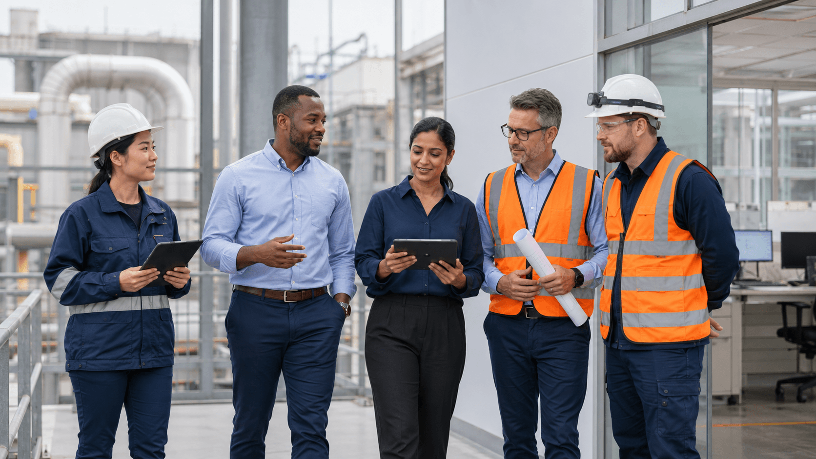 Industrial Asset Management Consulting Team Engineering consultants and maintenance professionals discussing asset documentation strategy at a modern industrial facility.