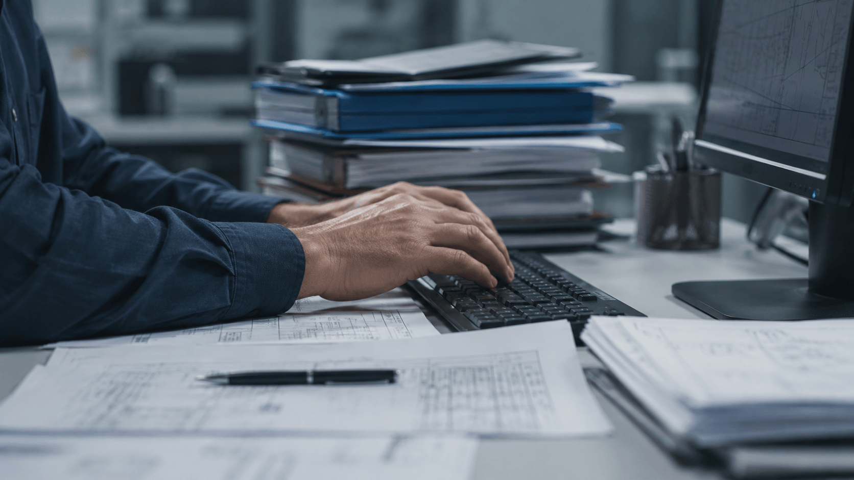 Manual Engineering Data Entry and Document Management Close-up of an engineer typing at a keyboard with engineering documents and file folders on the desk.