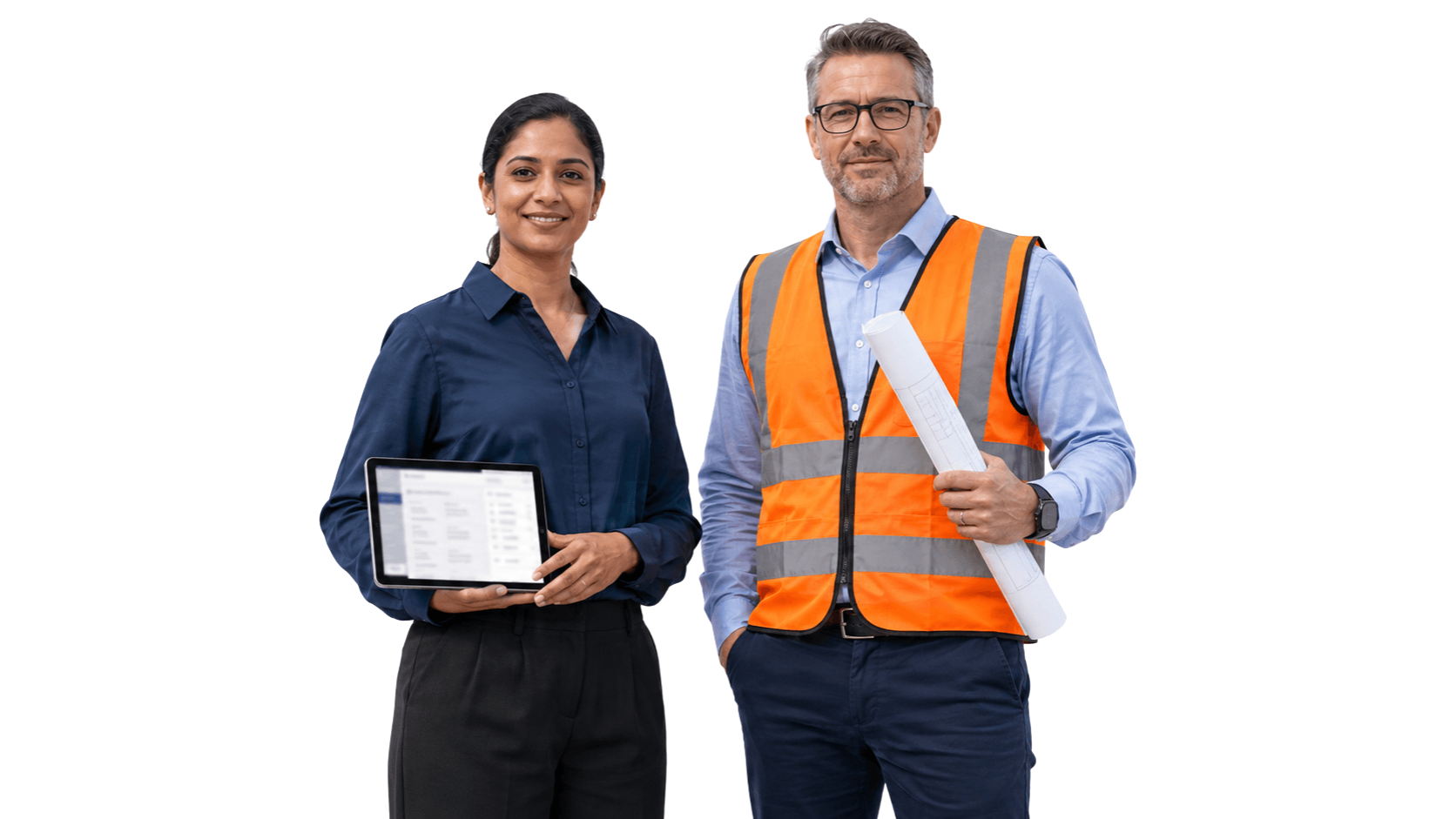 Meridian Engineering Document Control Team Document control specialist and senior engineer holding technical drawings and a tablet for engineering document management.