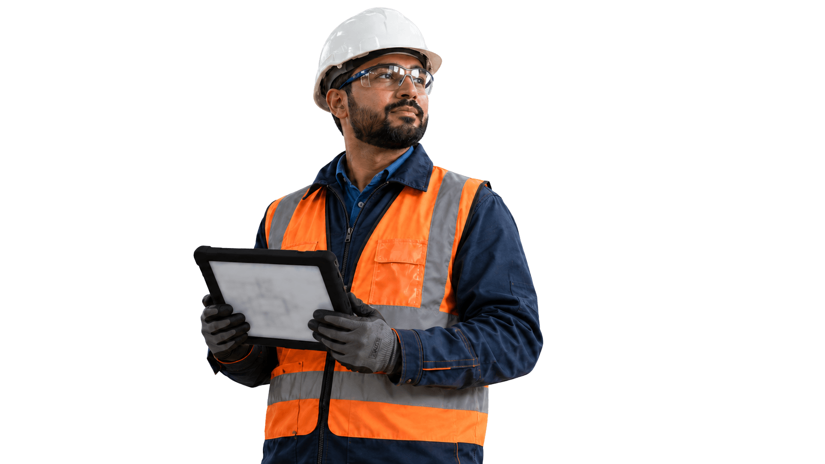 RedEye Field Engineer with Tablet Field engineer holding a rugged tablet with a blurred engineering drawing for RedEye asset document access.
