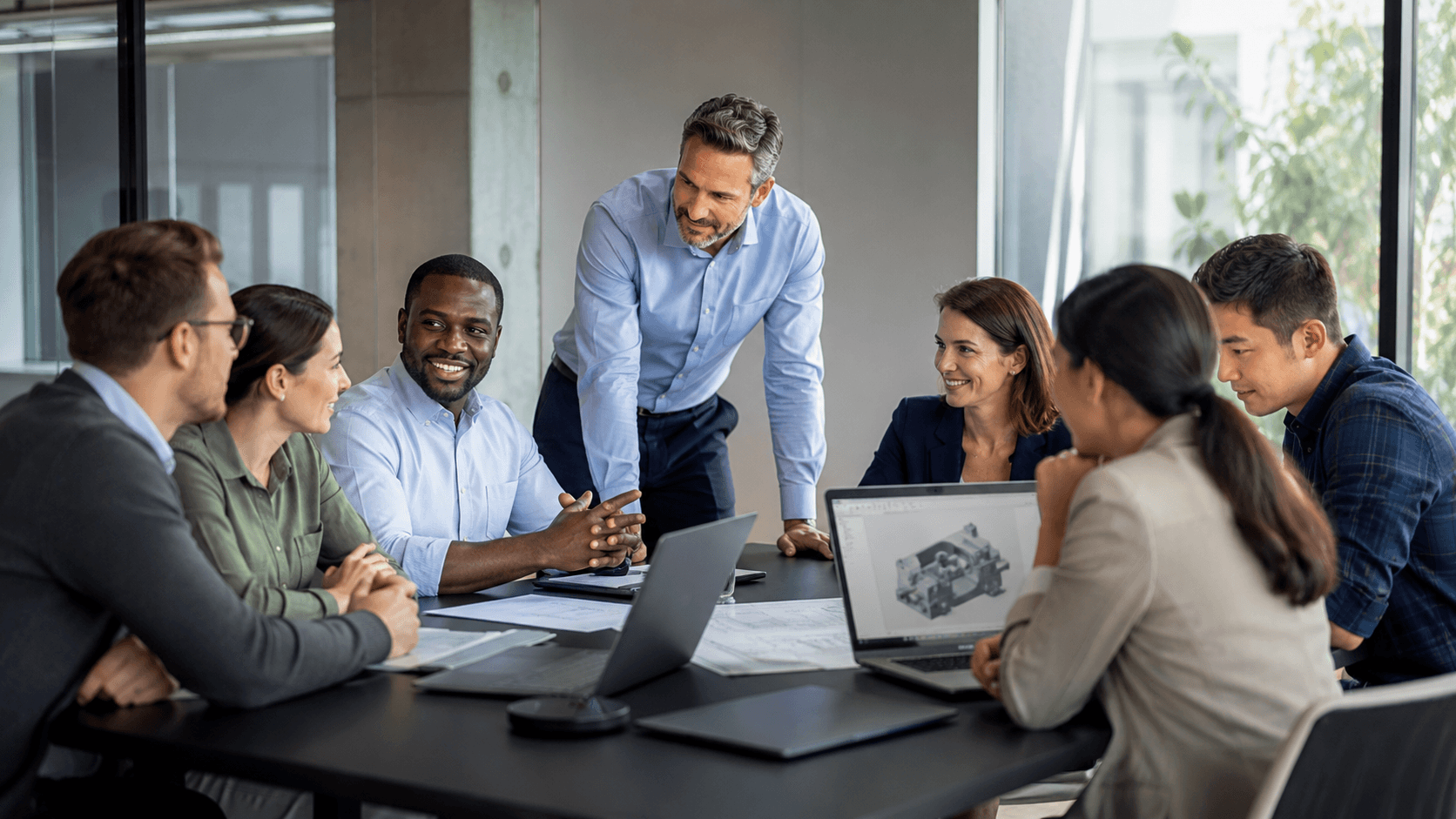 Diverse engineering and management professionals collaborating around laptops and project plans in a modern boardroom.