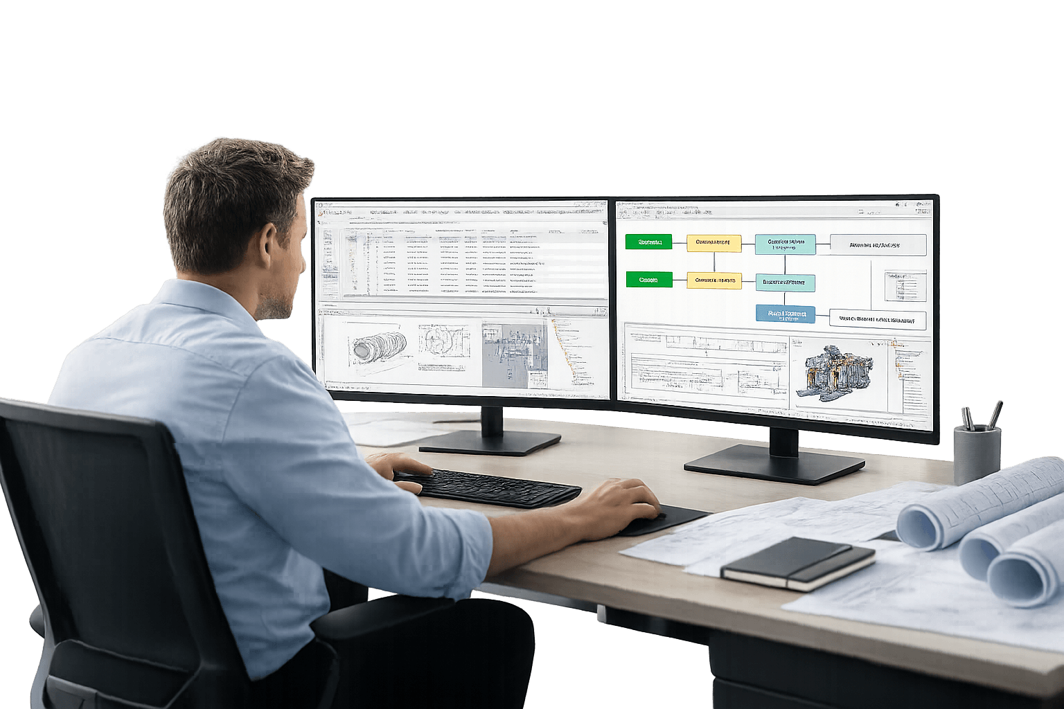 Vault Automation Discovery for Engineering Data Management Professional engineer reviewing Autodesk Vault-style data management workflows on dual monitors in a modern manufacturing office.