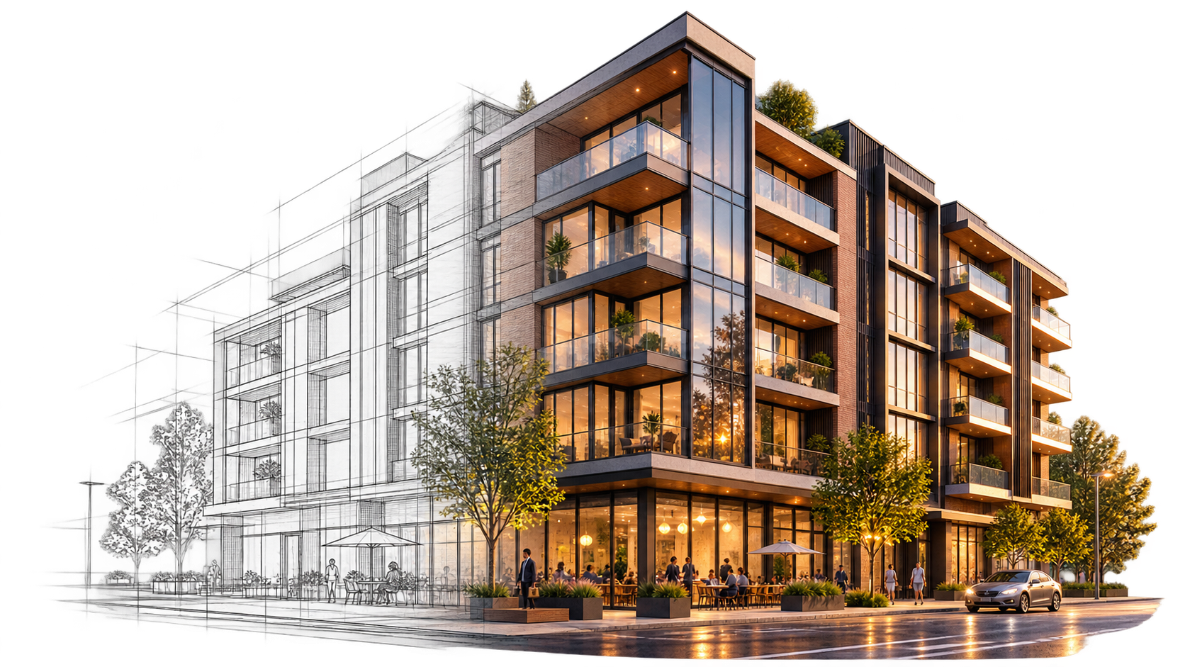 AI Architectural Rendering from Sketch to Photorealistic Building Architectural line sketch transforming into a photorealistic modern building rendering, illustrating the transition from design concept to AI-generated visualization.