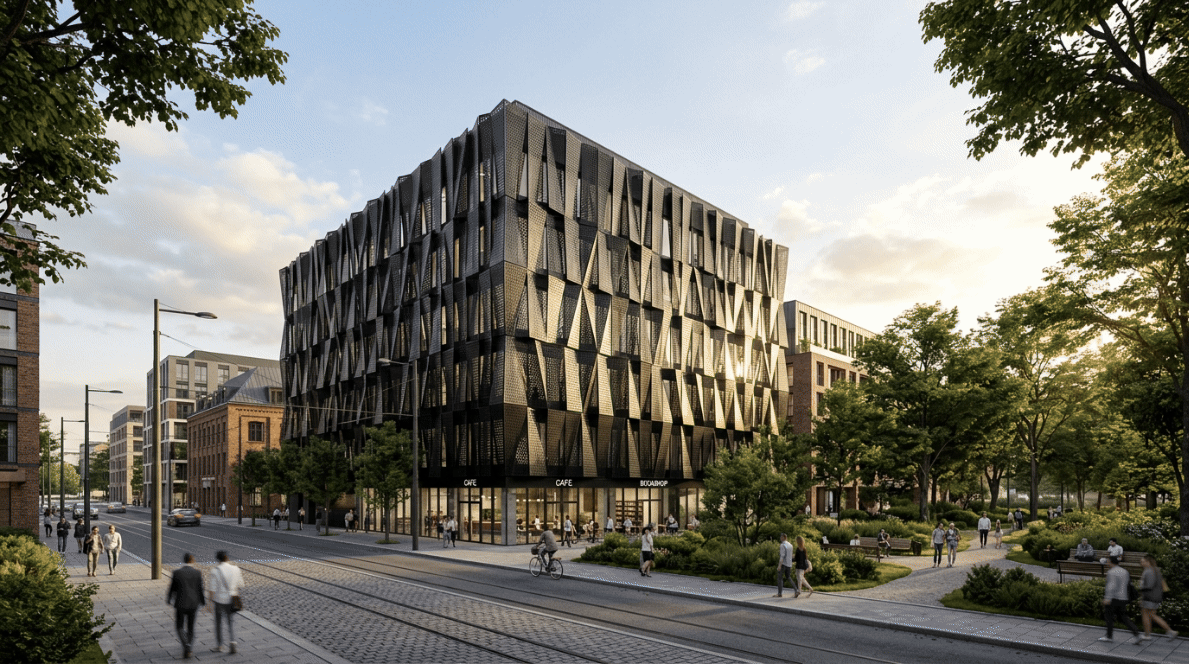 AI Architectural Visualization Workflow Photorealistic architectural rendering of a modern building in an urban setting, representing AI-enhanced design visualization.