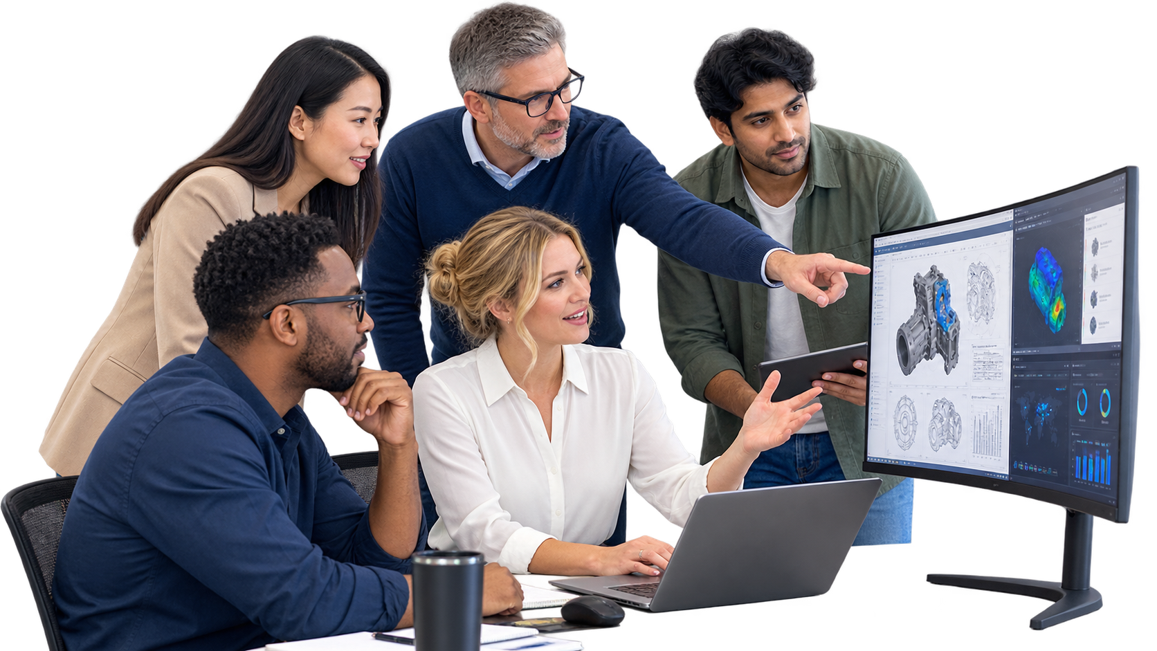 Cross-functional team reviewing CAD simulation data and license usage dashboard Cross-functional engineering, IT, and finance team reviewing CAD simulation results and software license usage on a dashboard