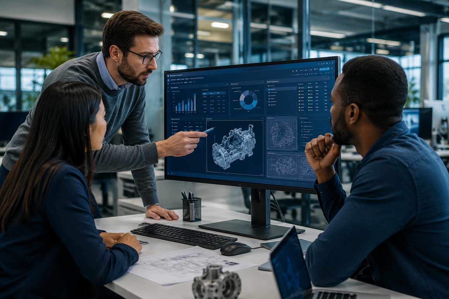 Engineering team reviewing software license monitoring dashboard and CAD model Engineering team analyzing real-time software license usage data and CAD deployment metrics on a monitoring dashboard