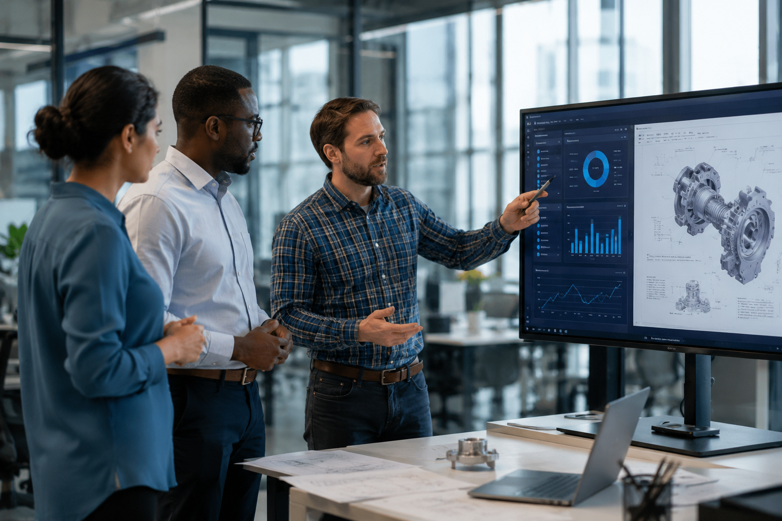 IT manager presenting software license monitoring insights to team IT manager presenting CAD deployment and software license monitoring insights to engineering and finance stakeholders