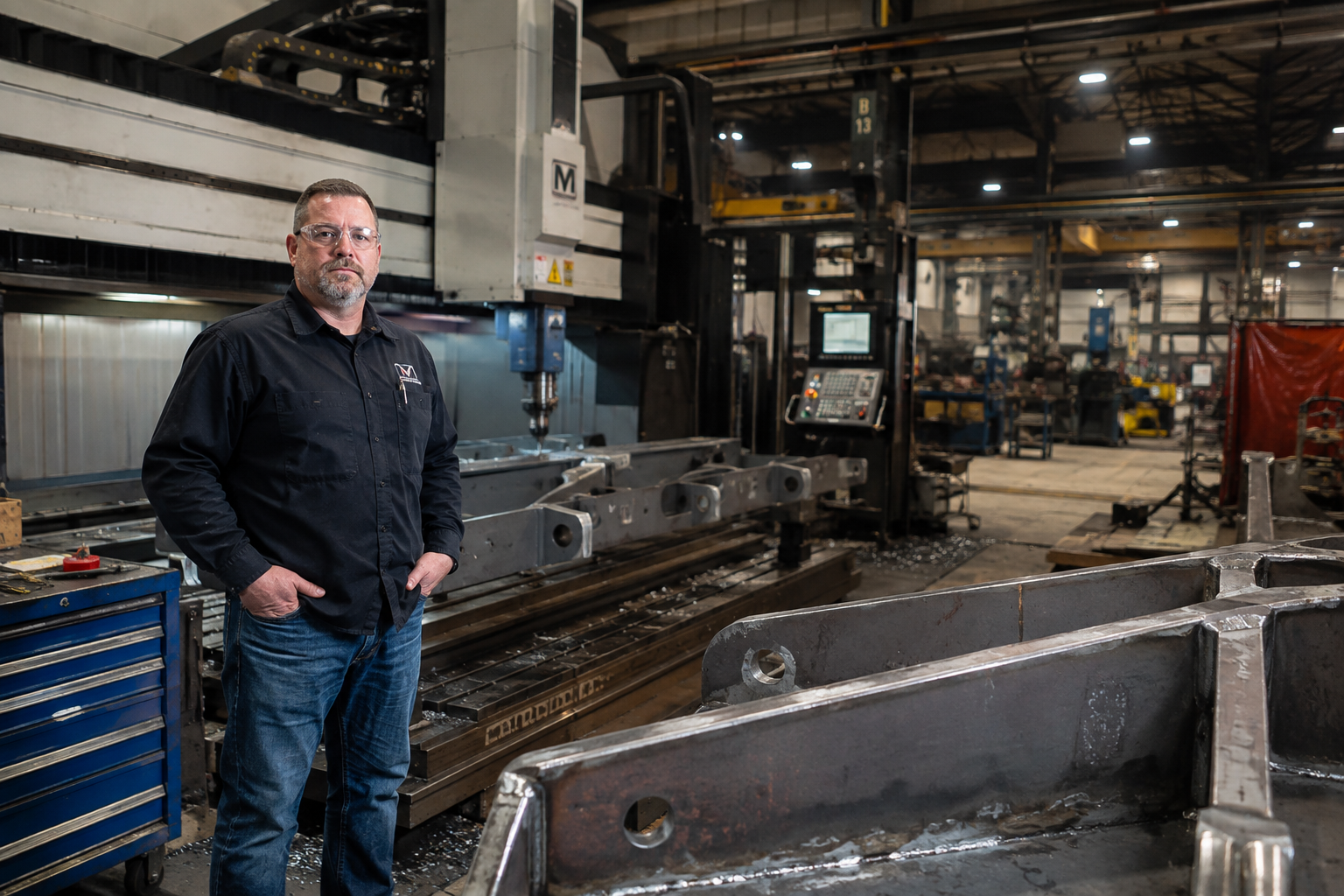 Machinist Beside Heavy CNC Equipment