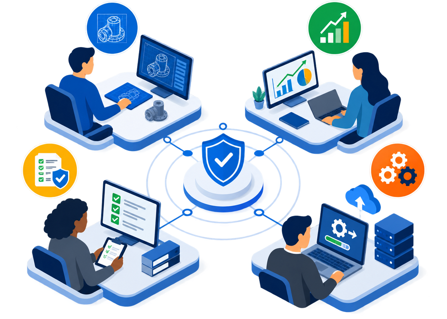 Software license management workflow — compliance, cost control, and CAD deployment Illustration of software asset management workflow covering license compliance, cost optimization, deployment automation, and IT governance