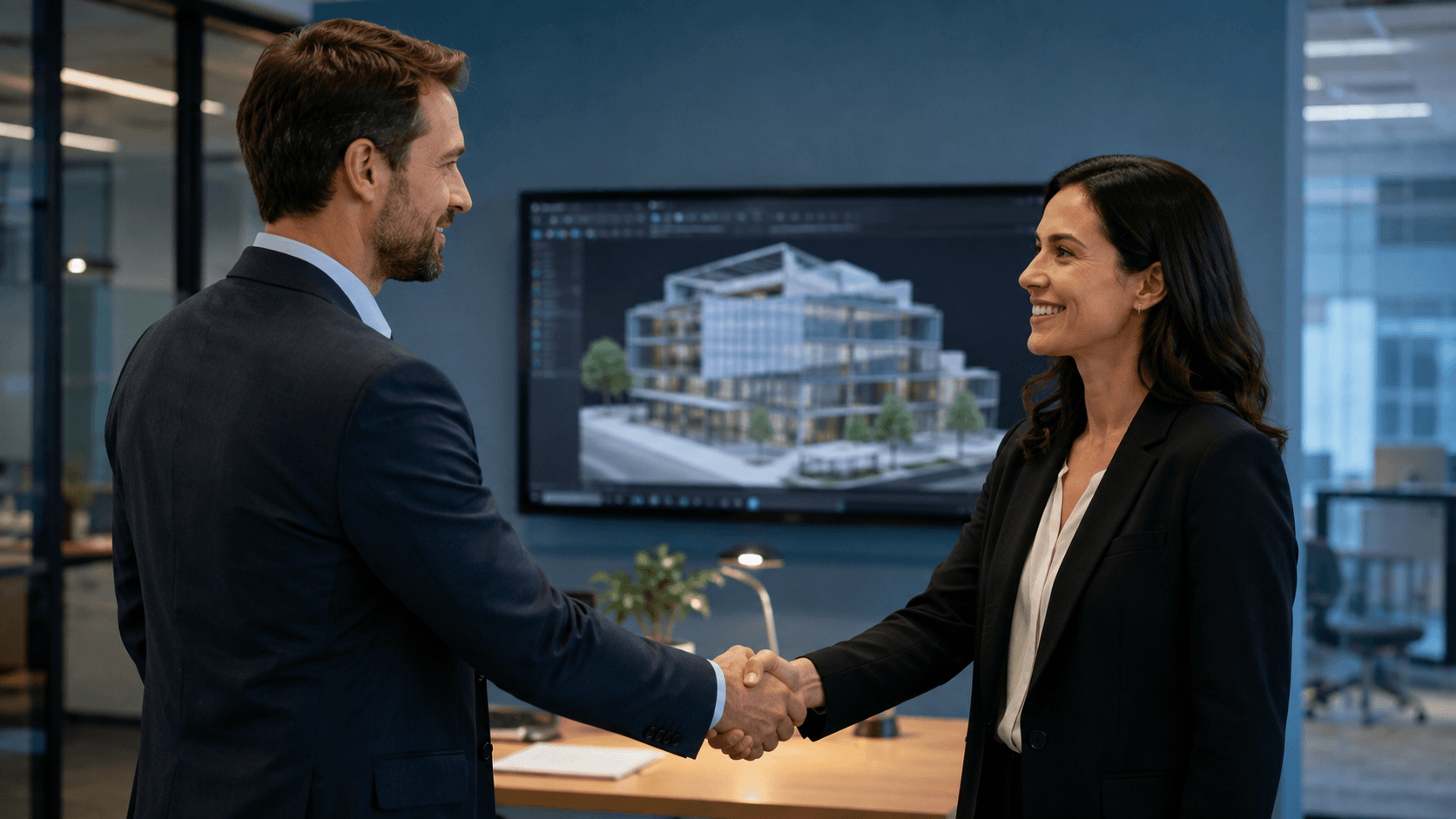 Technology Partnership for Architectural Visualization Two professionals shaking hands in a modern office with a monitor showing a blurred 3D architectural rendering in the background.