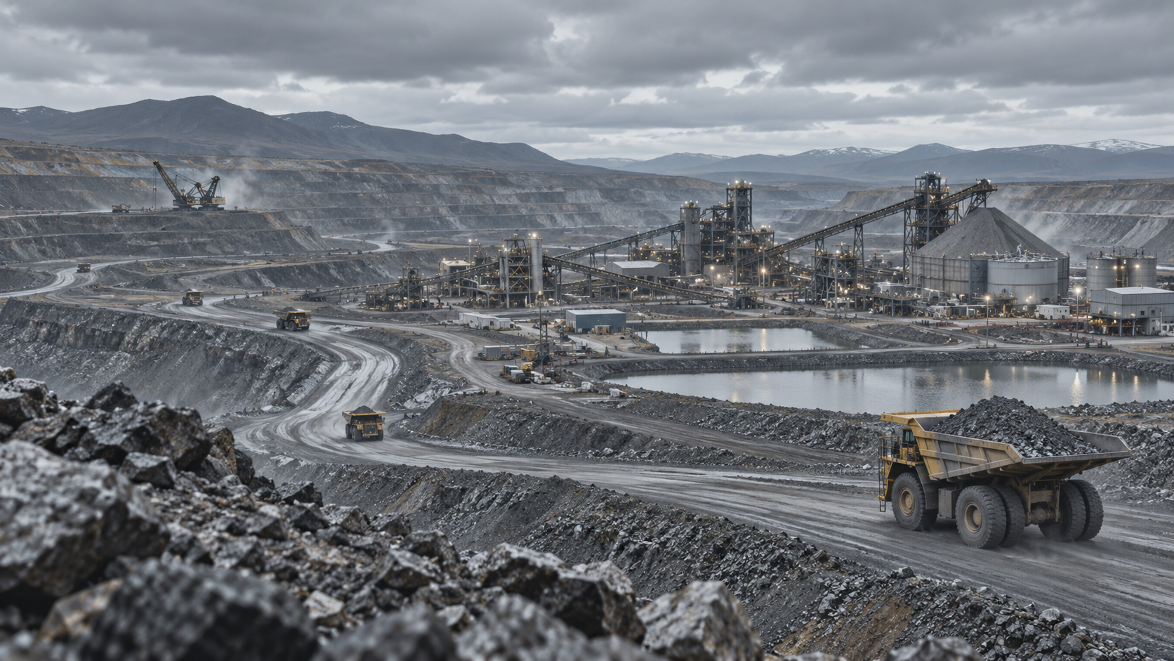 Aerial View of an Active Mining and Processing Operation Wide aerial view of a mining site with haul trucks, conveyors, and processing infrastructure among mountains