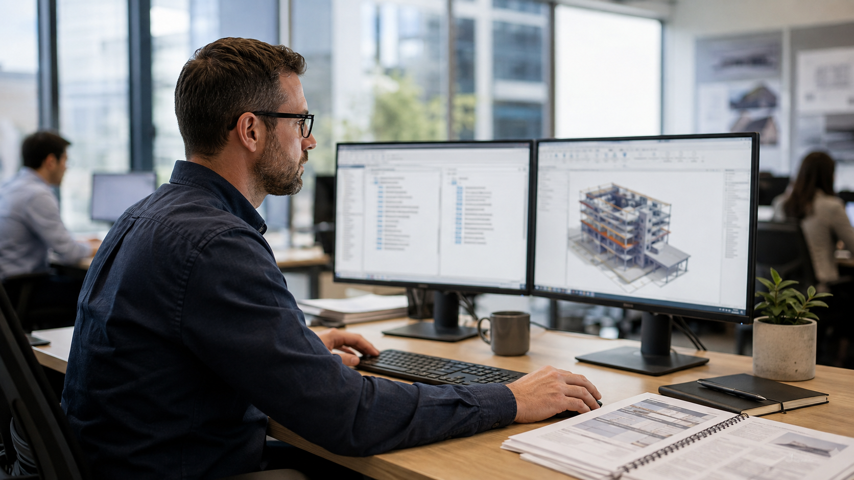BIM manager reviewing project standards and model BIM manager working at a dual monitor workstation with a project browser on one screen and a coordinated structural model on the other