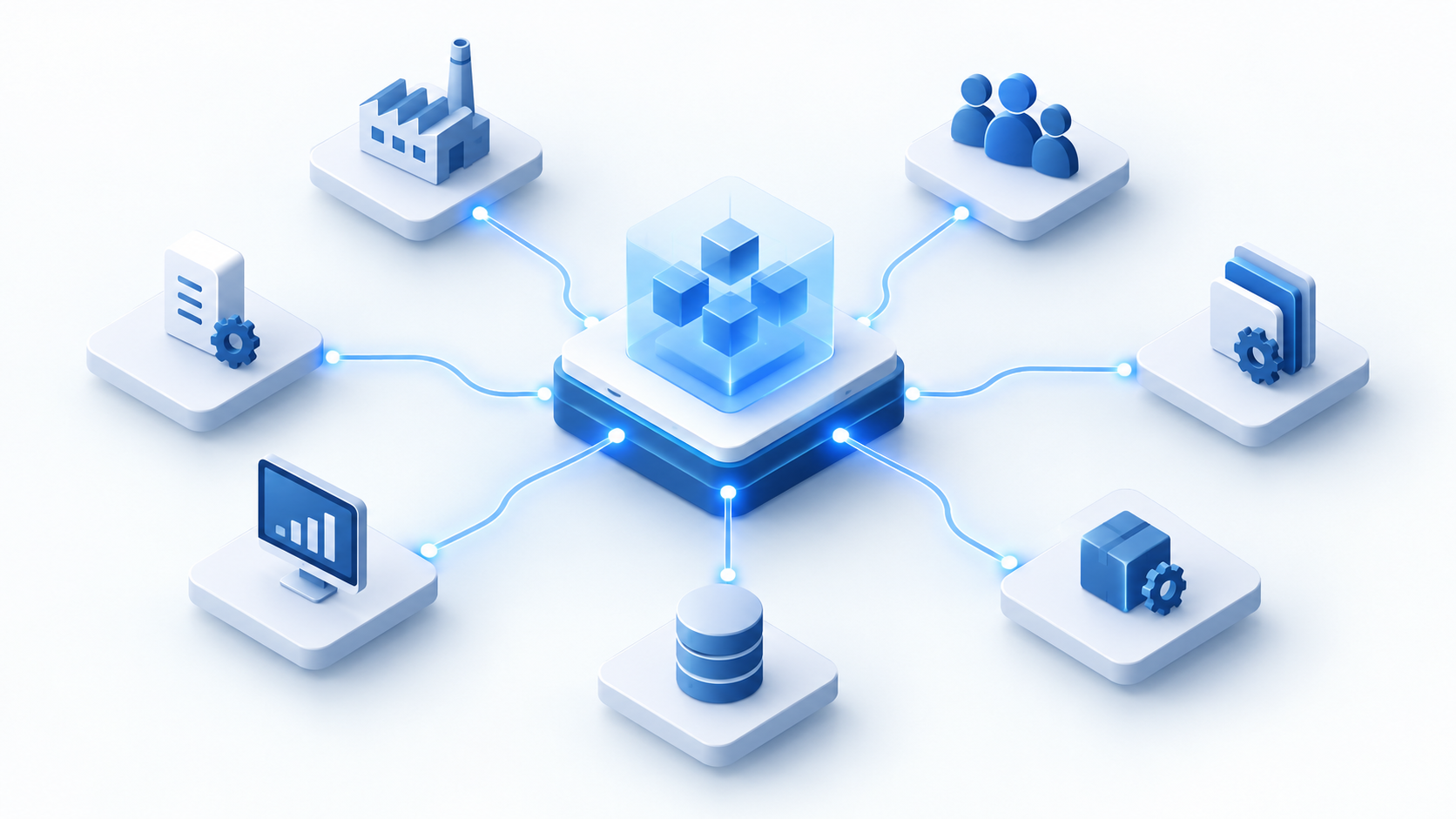 Connected Business Systems Integration Diagram Isometric diagram showing a central hub connecting business systems, data, and teams