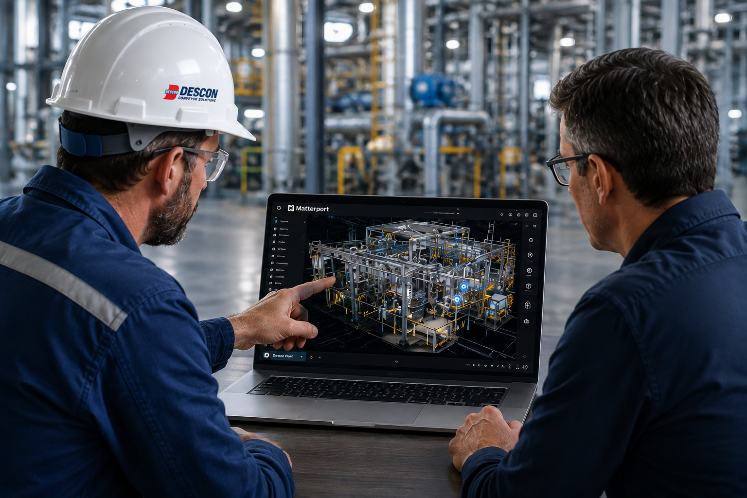 Descon team reviewing a Matterport digital twin of a customer facility on a laptop