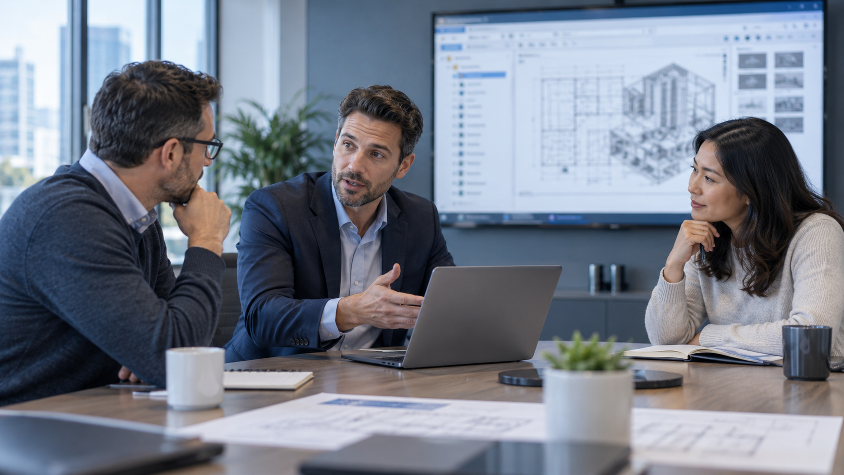 Design Review Meeting with 3D BIM Model on Screen Colleagues discussing a 3D building model displayed on a large screen during a meeting