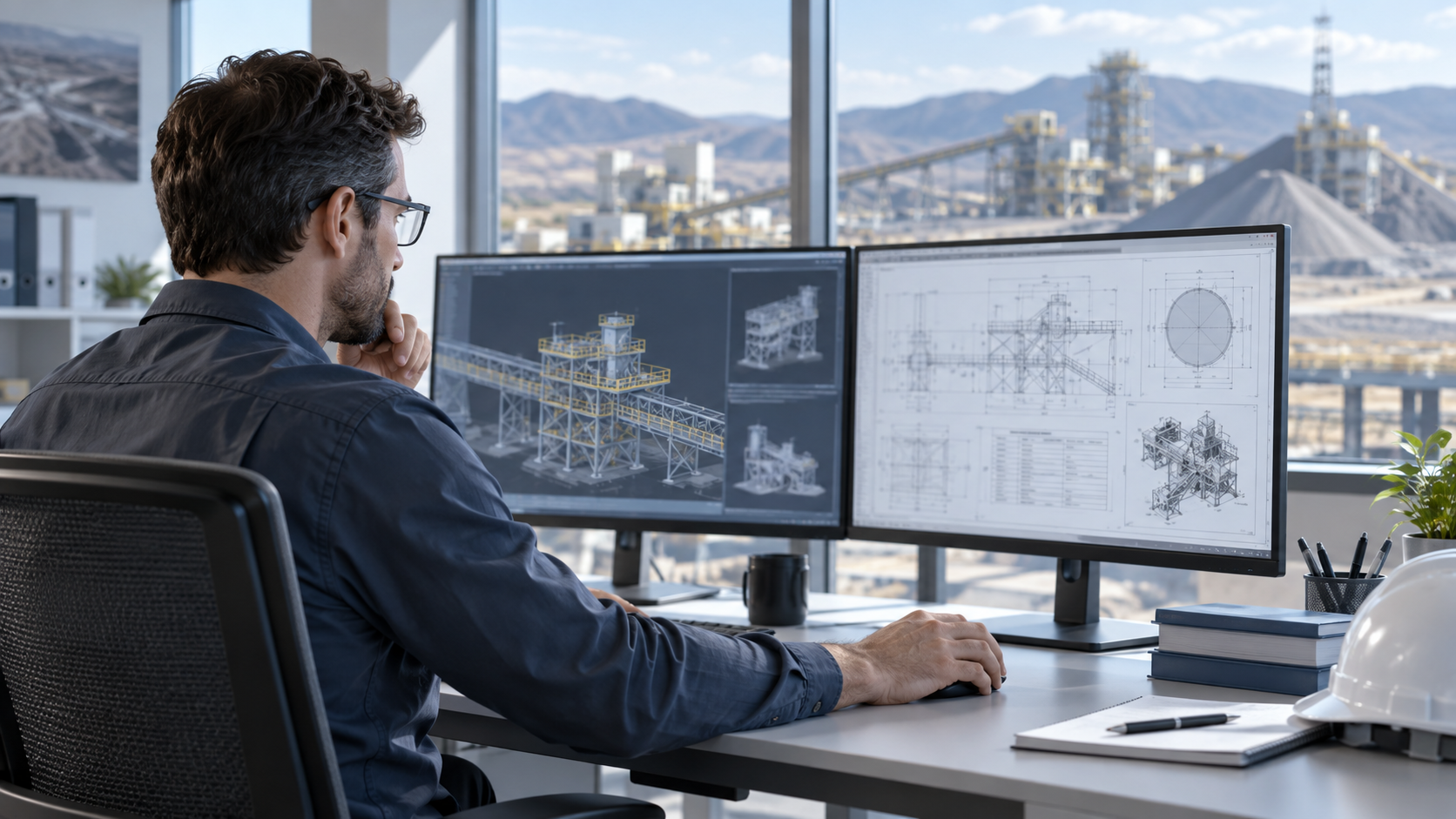 Engineer Reviewing Structural Drawings for a Mining Project Engineer at a dual-monitor workstation reviewing 3D structural models and technical drawings with a mining site visible outside