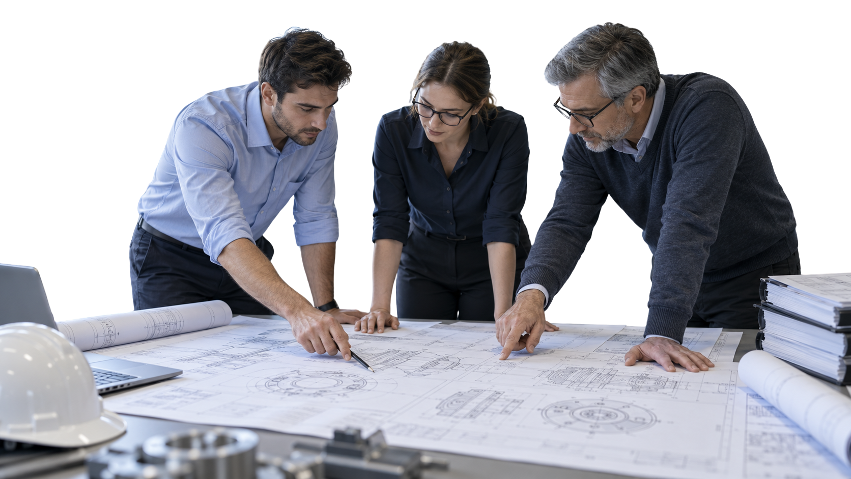 Engineering Team Reviewing Mechanical Design Drawings Three engineers reviewing detailed mechanical assembly drawings on a large printed blueprint in an office