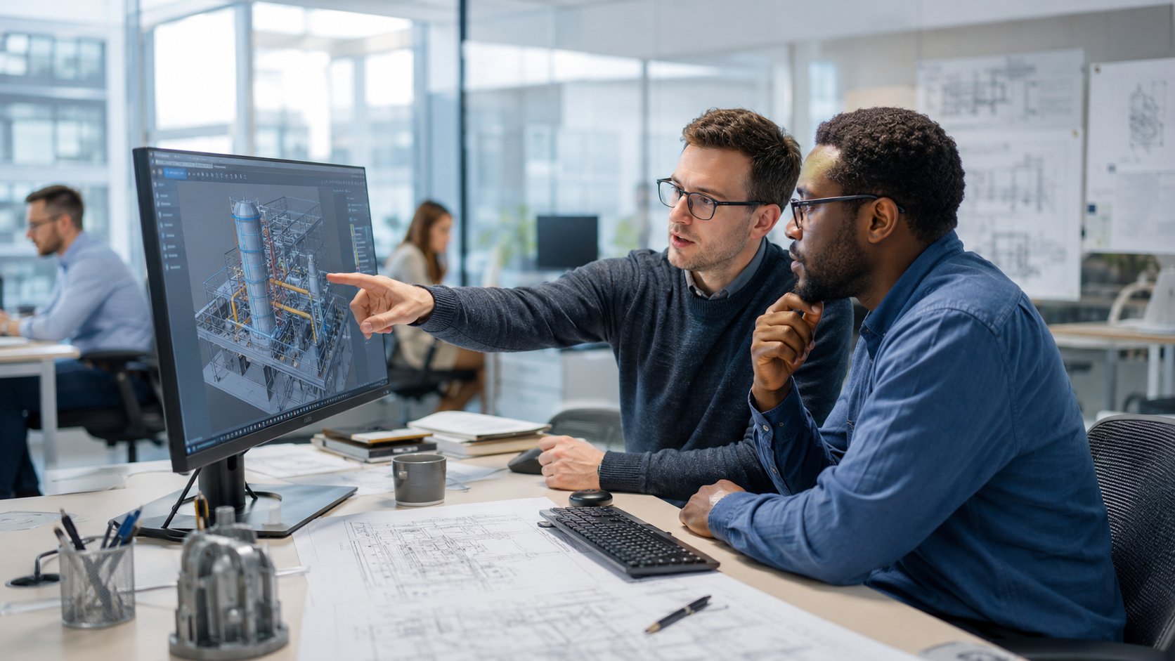 Two engineers reviewing a 3D digital model of an industrial facility on a monitor during a design discussion