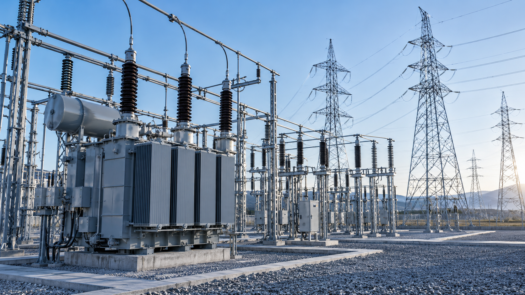 High-Voltage Electrical Substation and Transmission Lines Electrical substation equipment and transmission towers under a clear blue sky