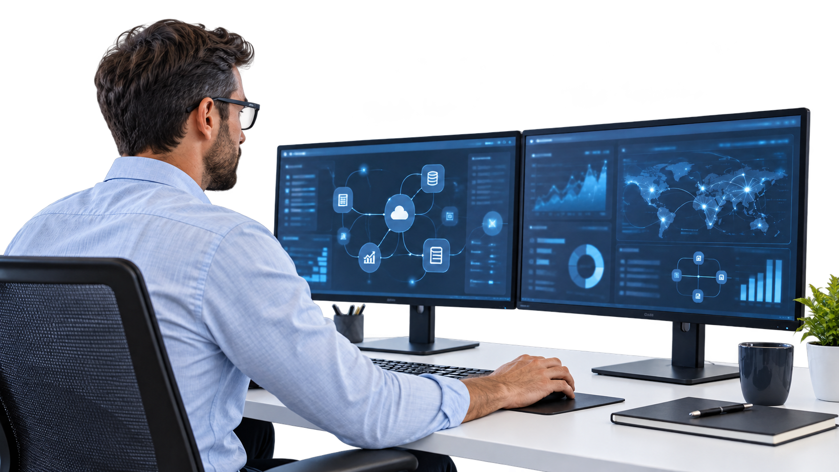 IT Specialist Reviewing Connected Systems Dashboard IT specialist reviewing connected data dashboards on dual monitors in a modern office