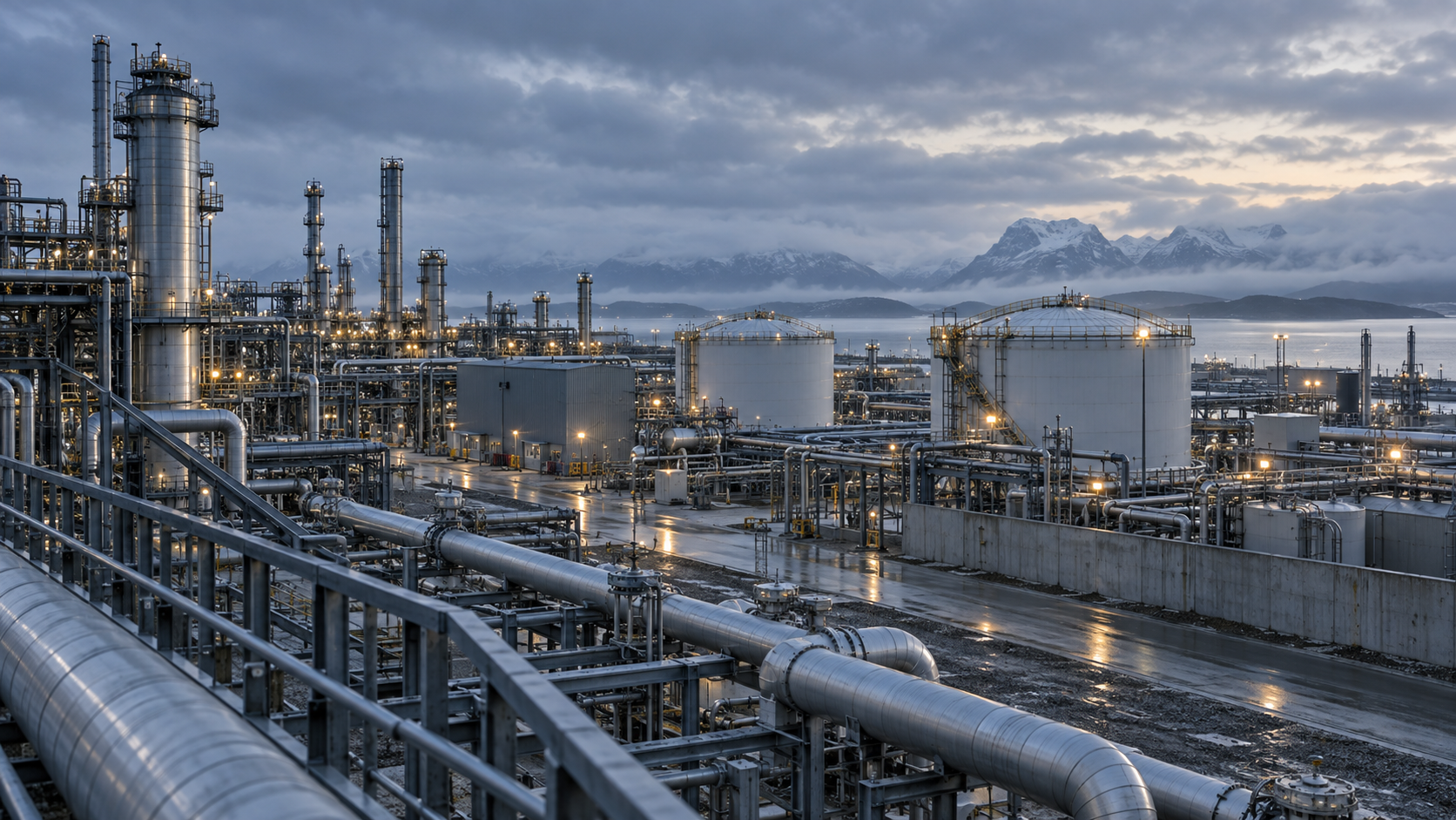 Industrial Refinery Facility at Dusk with Mountain Backdrop Refinery piping, towers, and storage tanks illuminated at dusk with snow-capped mountains in the background