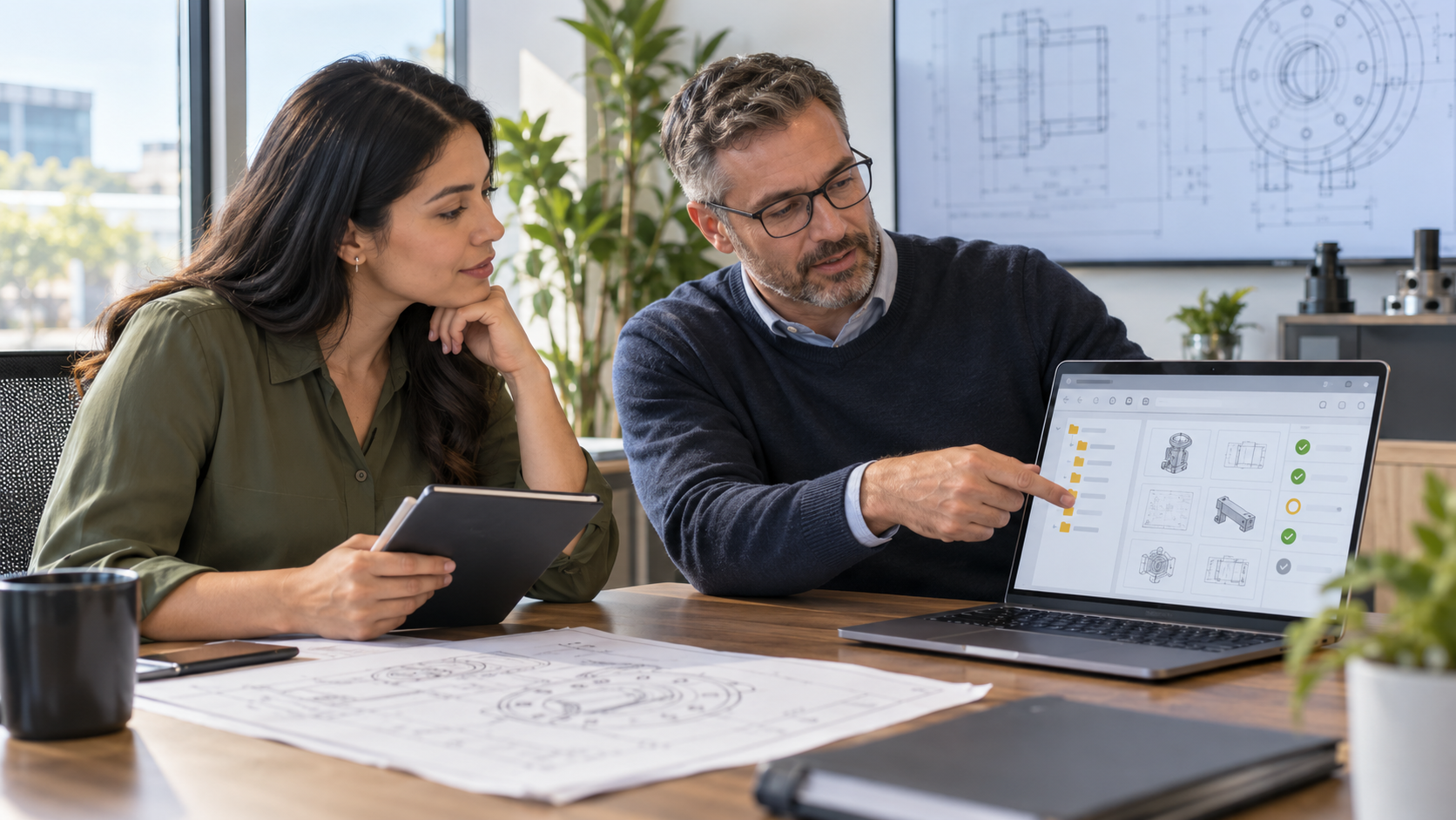 Meridian Discovery Session Reviewing Engineering Documentation Together SolidCAD specialist showing a client engineering drawings and approval status in a document management platform on a laptop