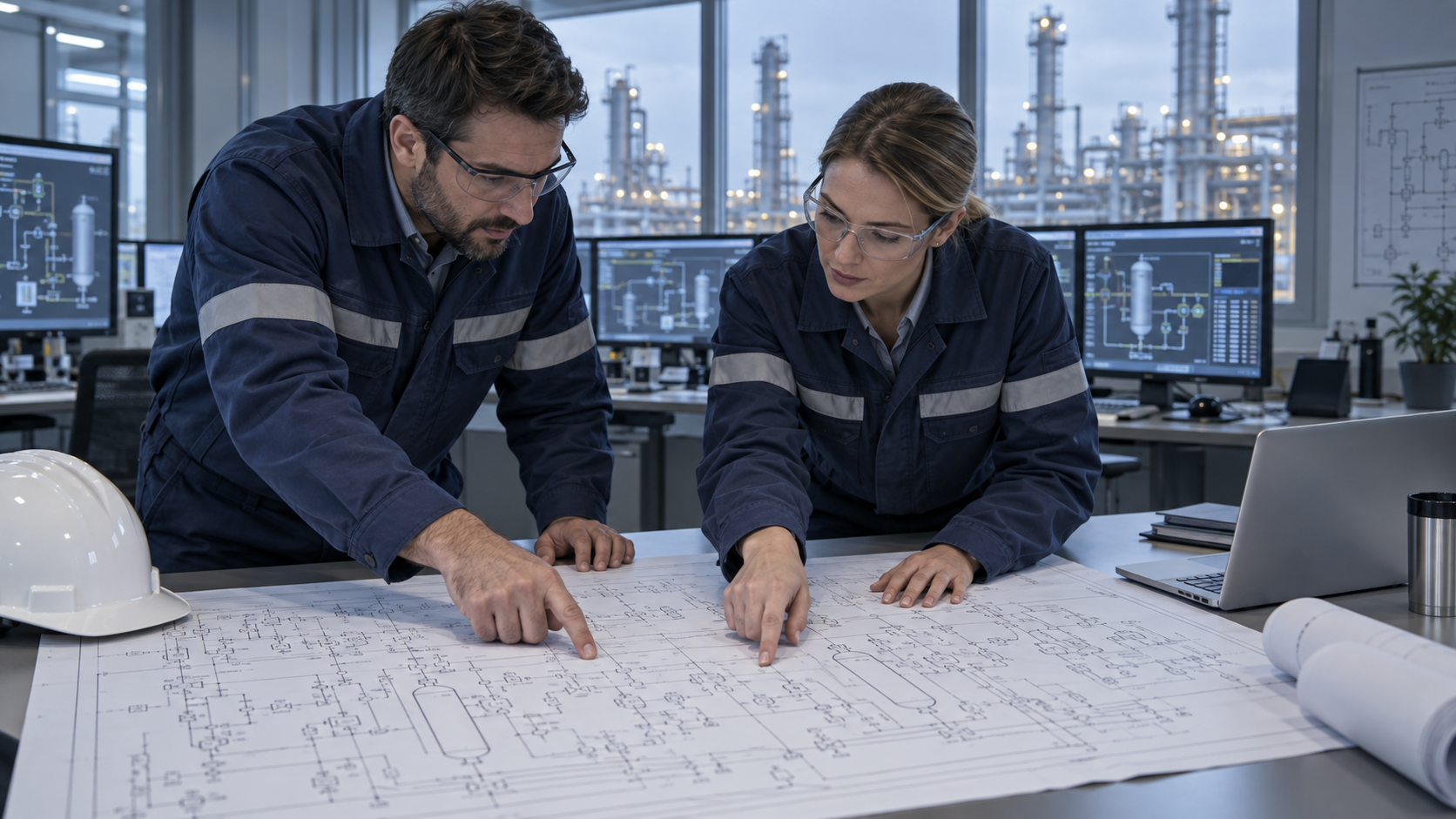 Reviewing Process Diagrams at a Refinery Control Room Two engineers in safety gear reviewing a piping and instrumentation diagram with a refinery visible through the window