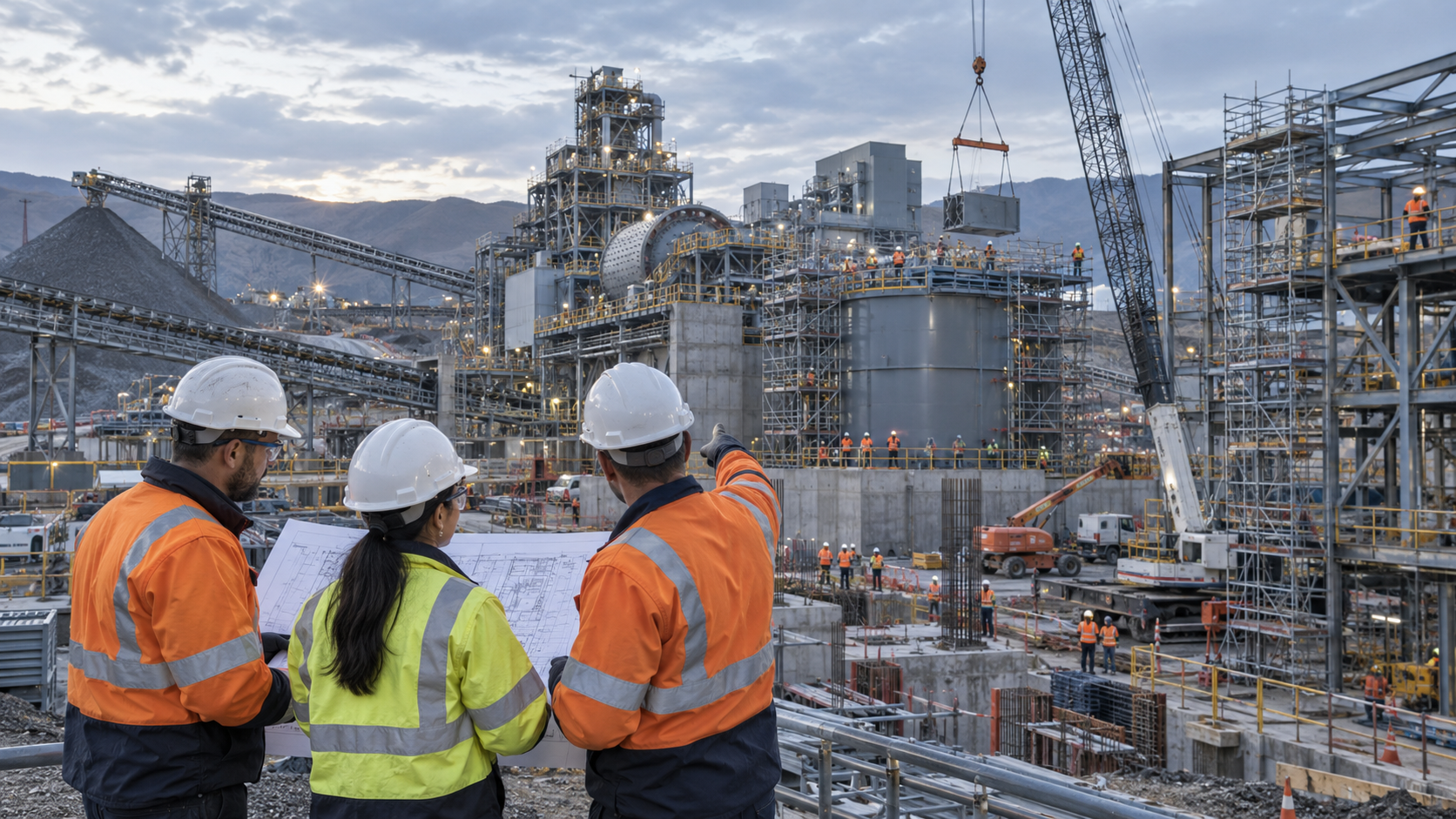 Site Team Reviewing Plans at an Industrial Processing Facility Three workers in hard hats and safety gear reviewing site plans in front of a large industrial processing plant