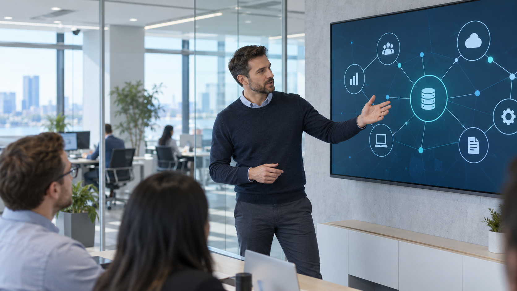 Specialist Presenting Systems Integration Overview Specialist presenting a systems integration diagram to colleagues on a wall-mounted screen