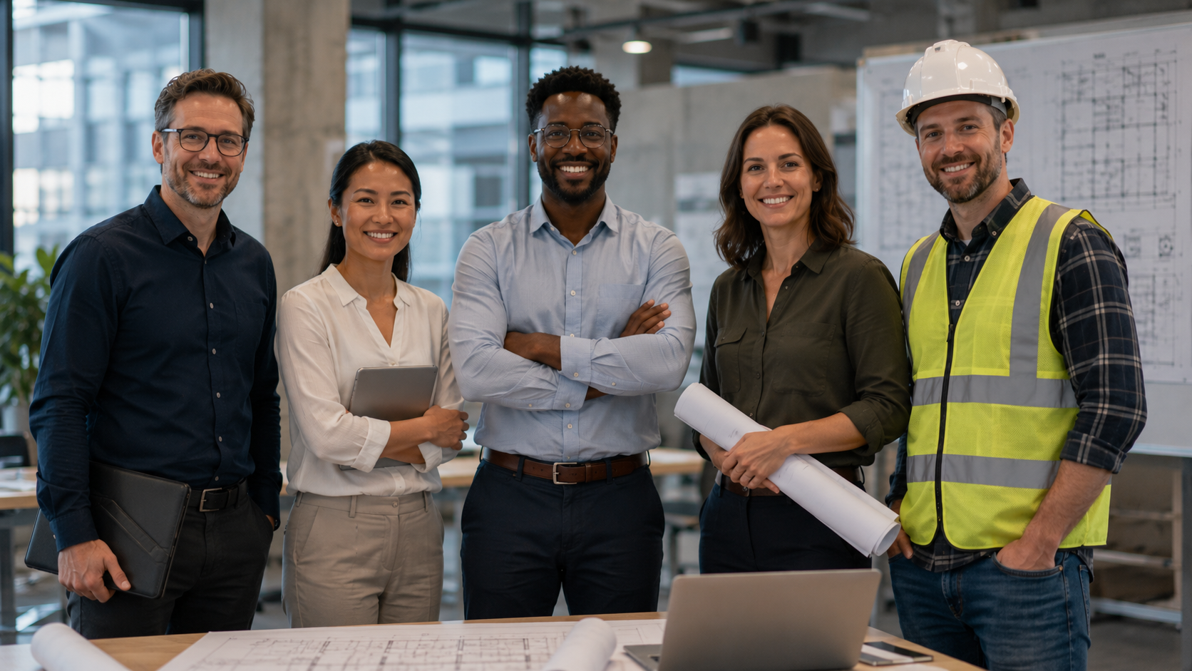 aec-team-roles-autodesk-forma-foundation-pack Five AEC professionals — project manager, estimator, BIM manager, architect, and site engineer — representing the roles Autodesk Forma Foundation Packs are built for