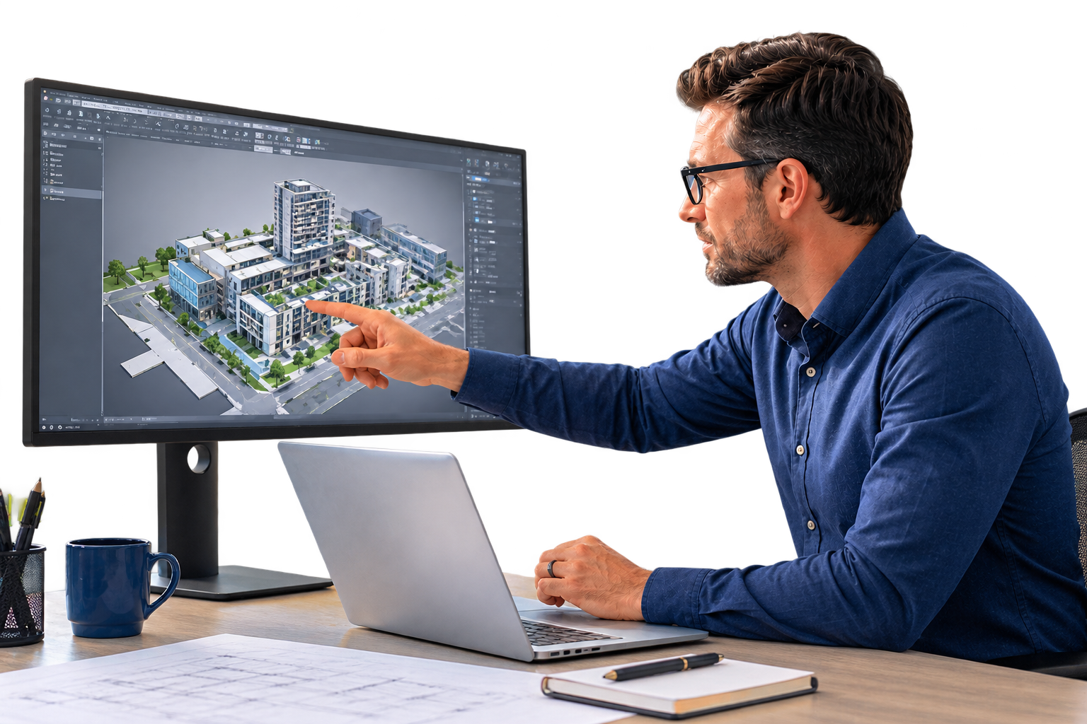 autodesk-forma-3d-site-model-review AEC professional reviewing a 3D site model on a large monitor as part of an Autodesk Forma Foundation Pack implementation