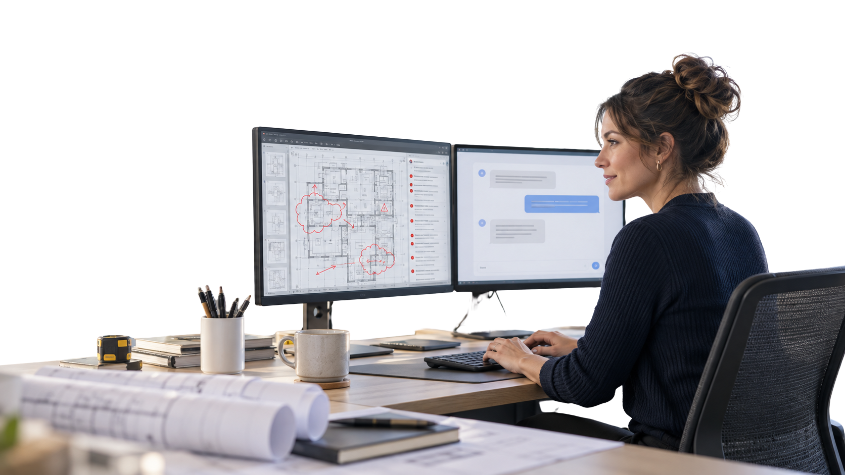 bluebeam-revu-claude-setup-hero Construction professional using Bluebeam Revu and Claude side by side on a desktop computer
