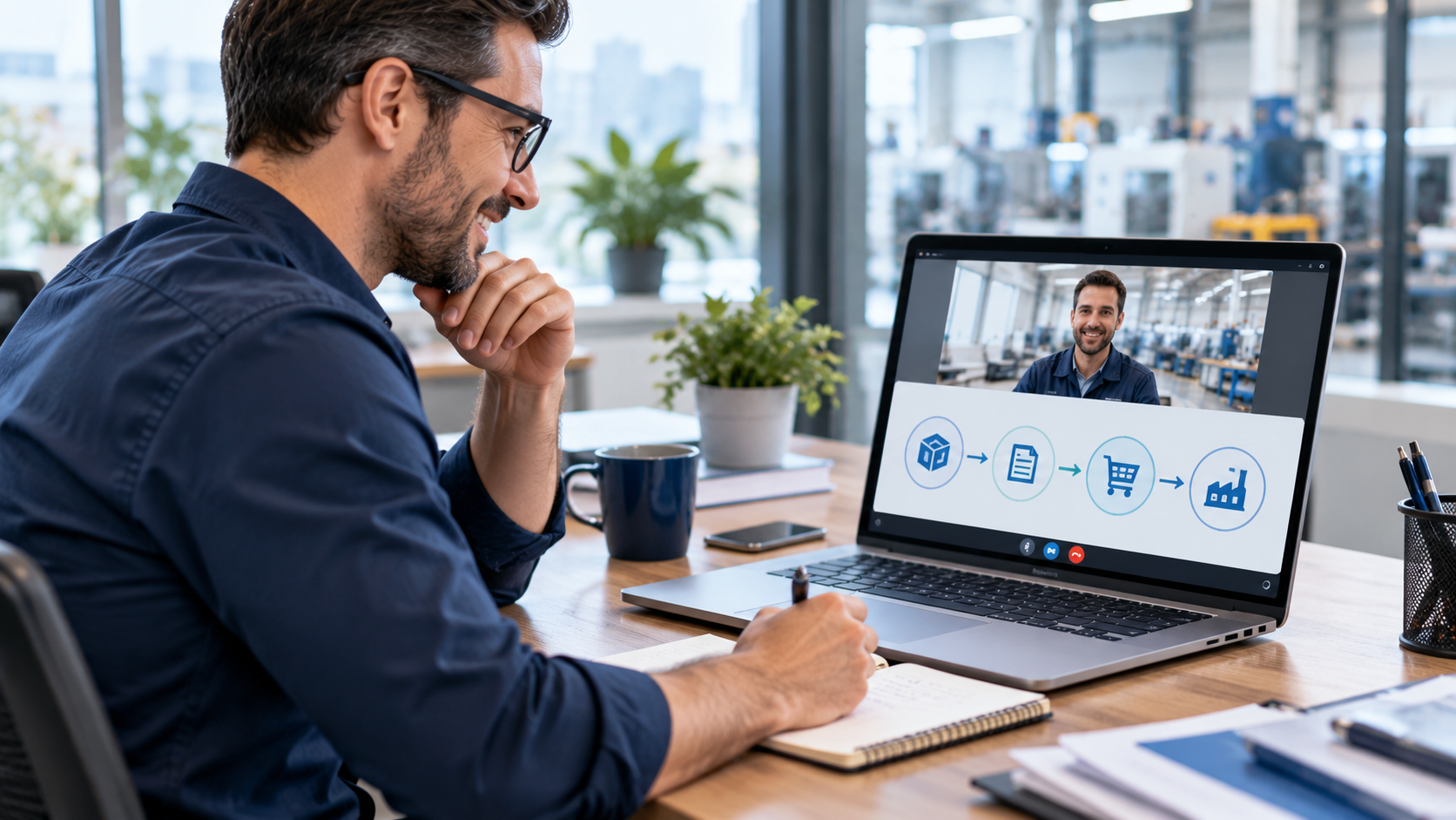 bom-workflow-review-consultation Manufacturing manager on a video call reviewing a design-to-production workflow with a specialist