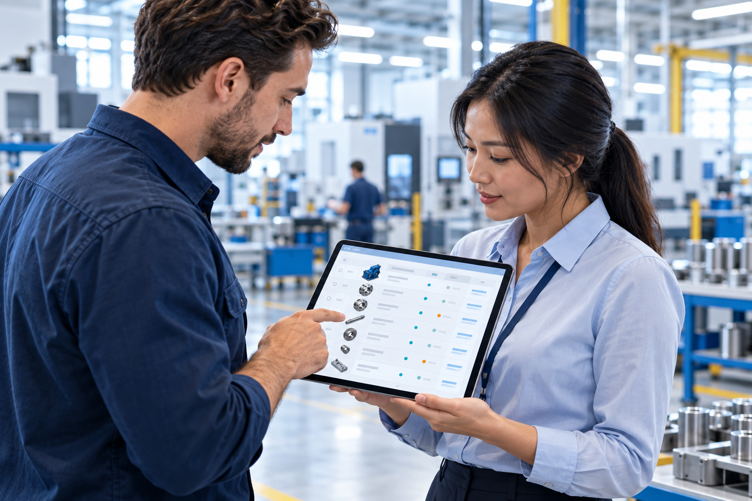engineering-purchasing-teams-bom-review Engineer and purchasing manager reviewing a BOM on a tablet on the manufacturing floor