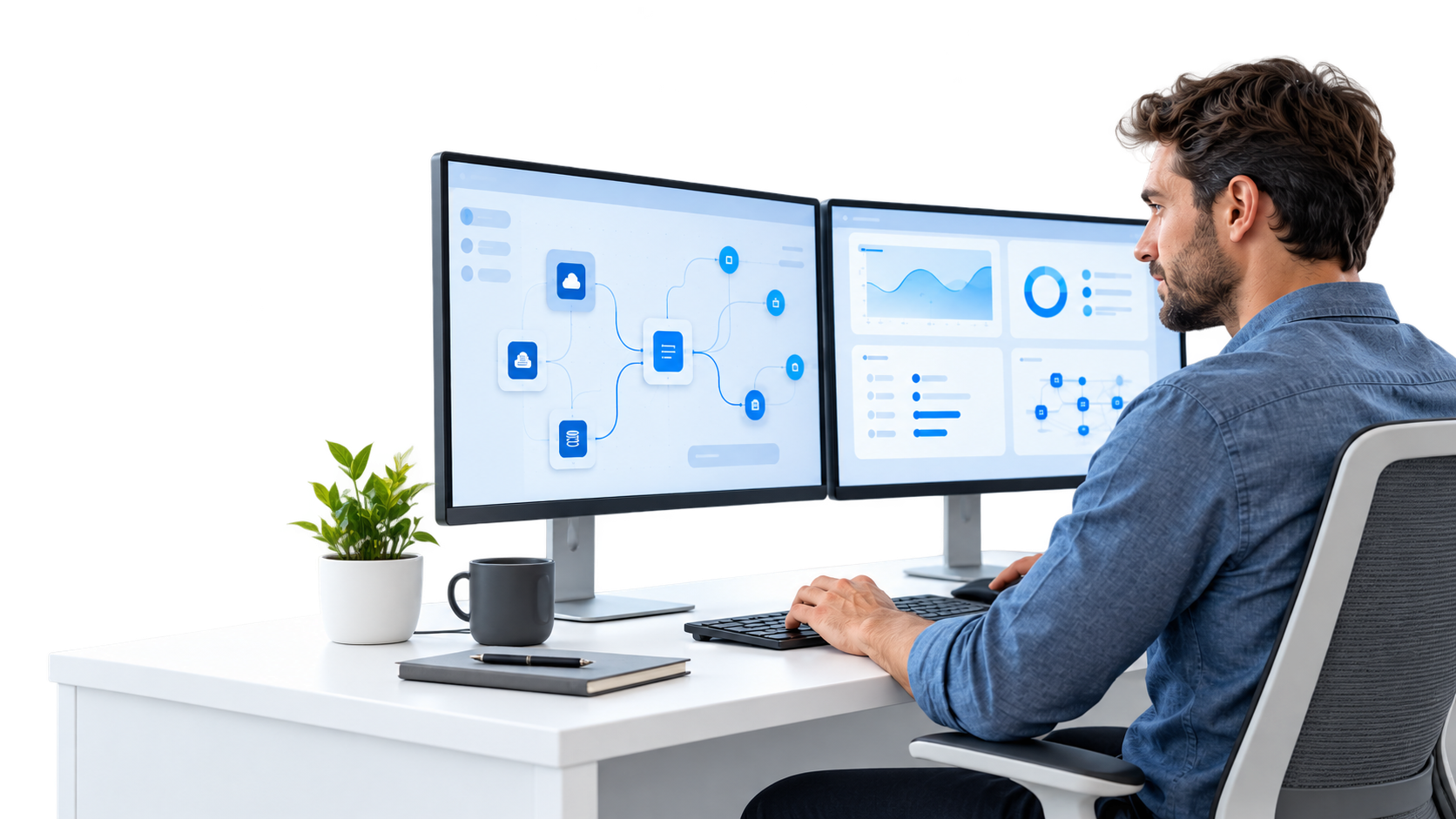 IT specialist reviewing connected data dashboards on dual monitors in a modern office