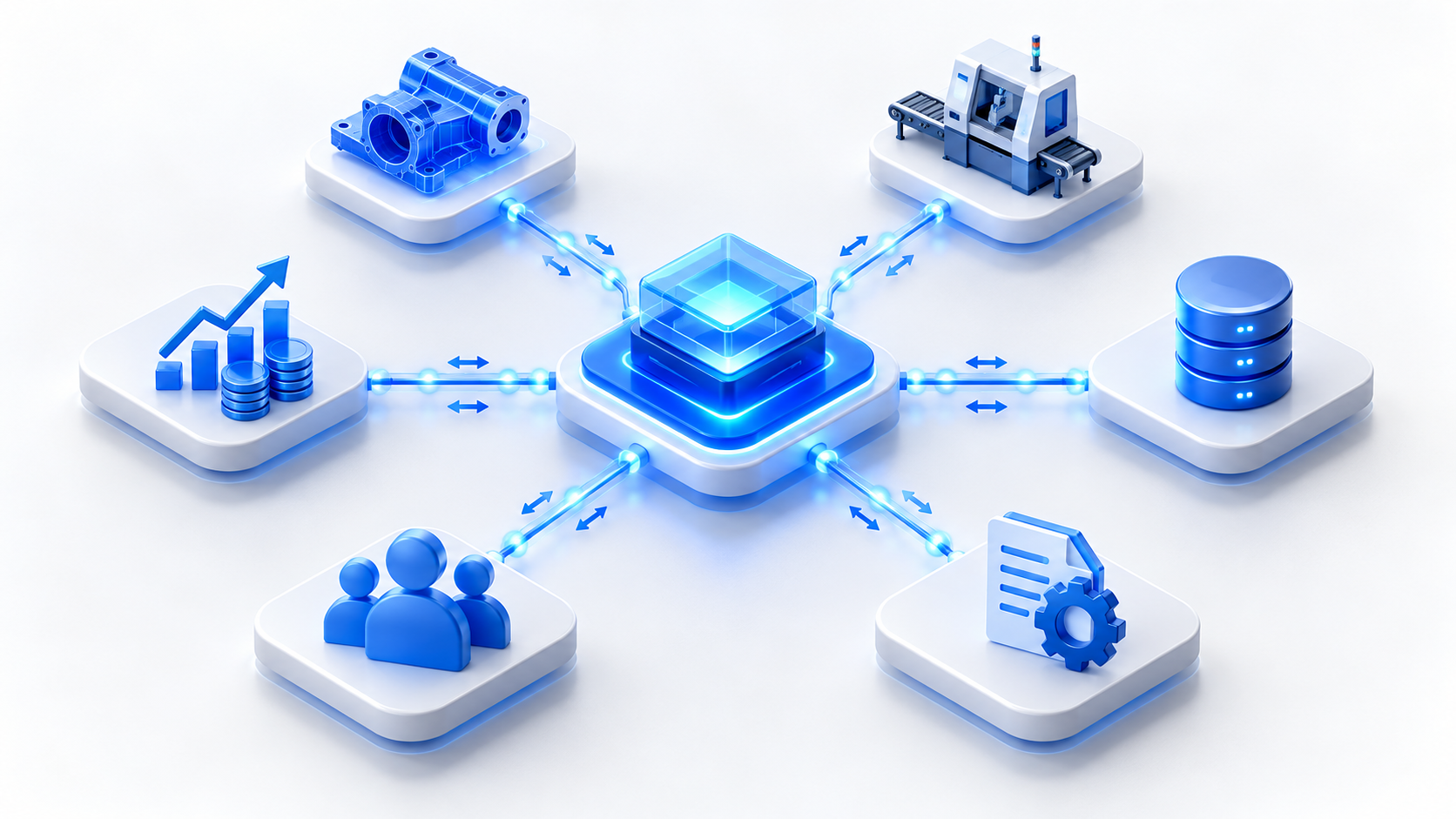 Isometric diagram of a central integration hub connecting CAD, manufacturing, ERP, CRM, PLM and database systems