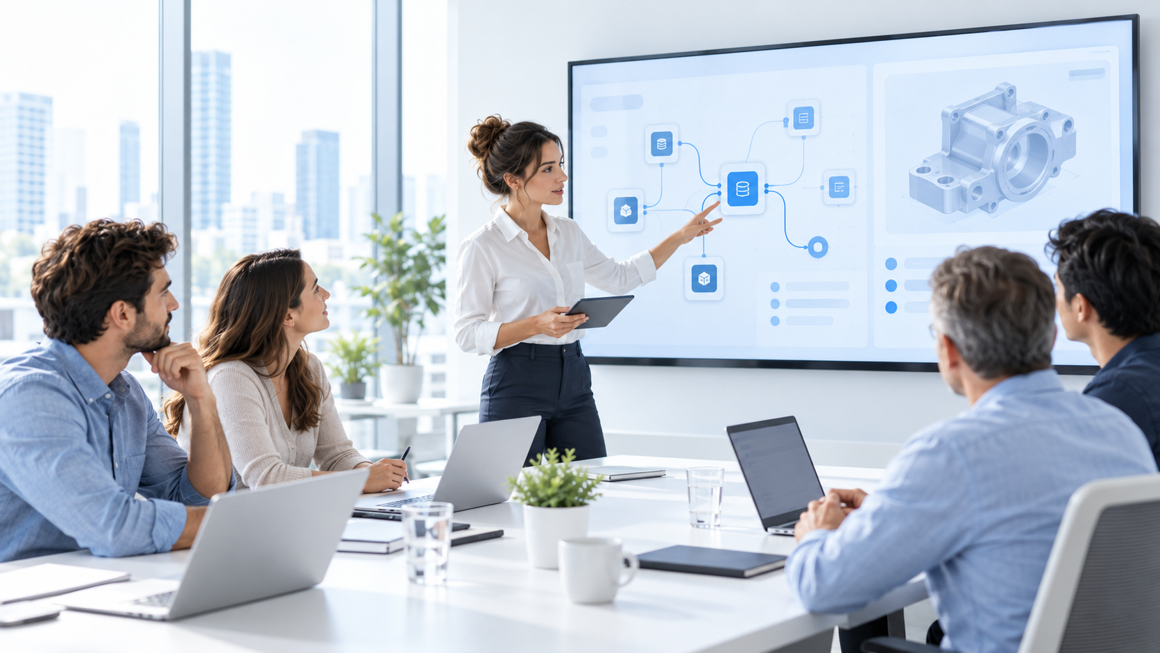 Specialist presenting a systems integration diagram to colleagues on a wall-mounted screen