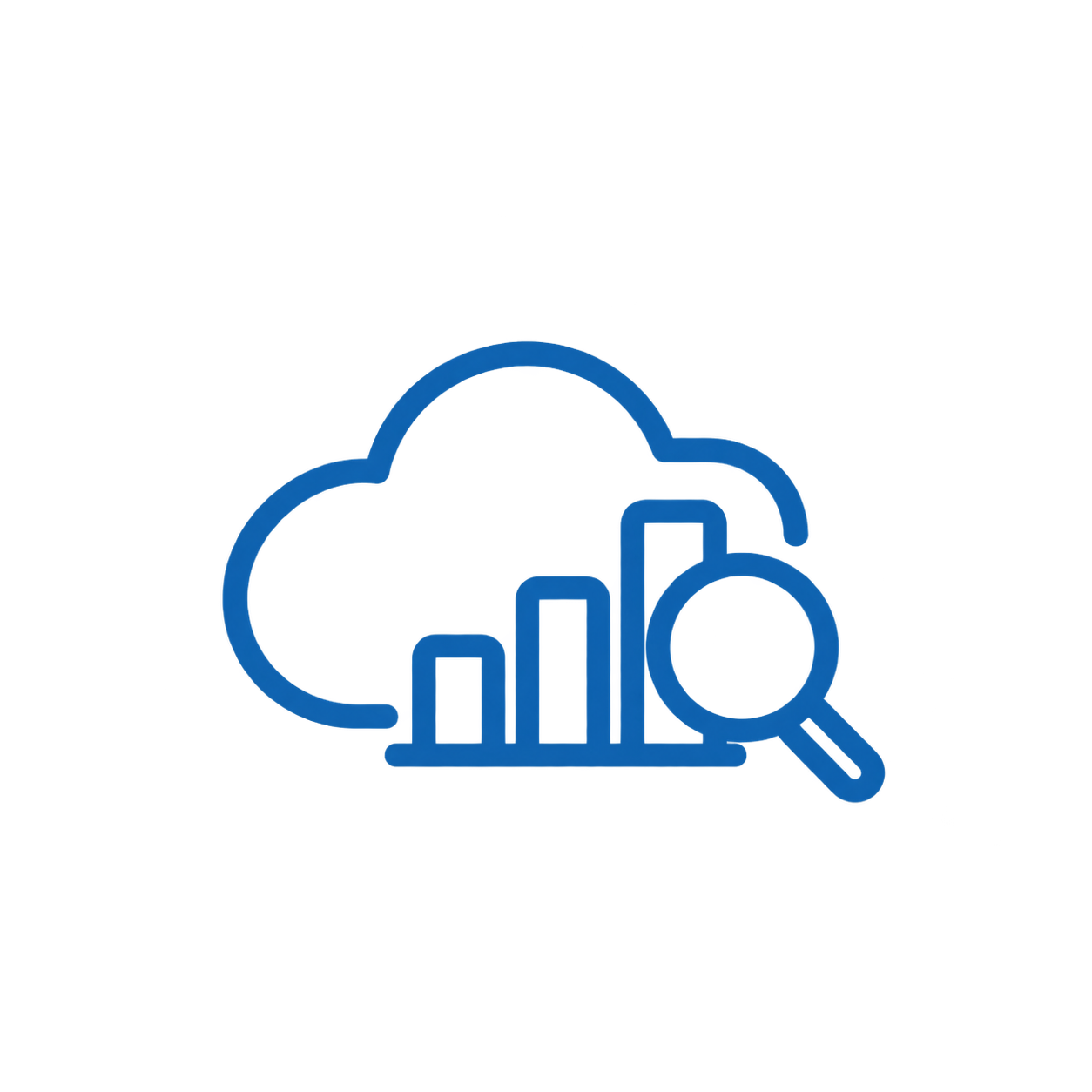 icon-markup-insights Markup cloud with bar chart and magnifying glass icon