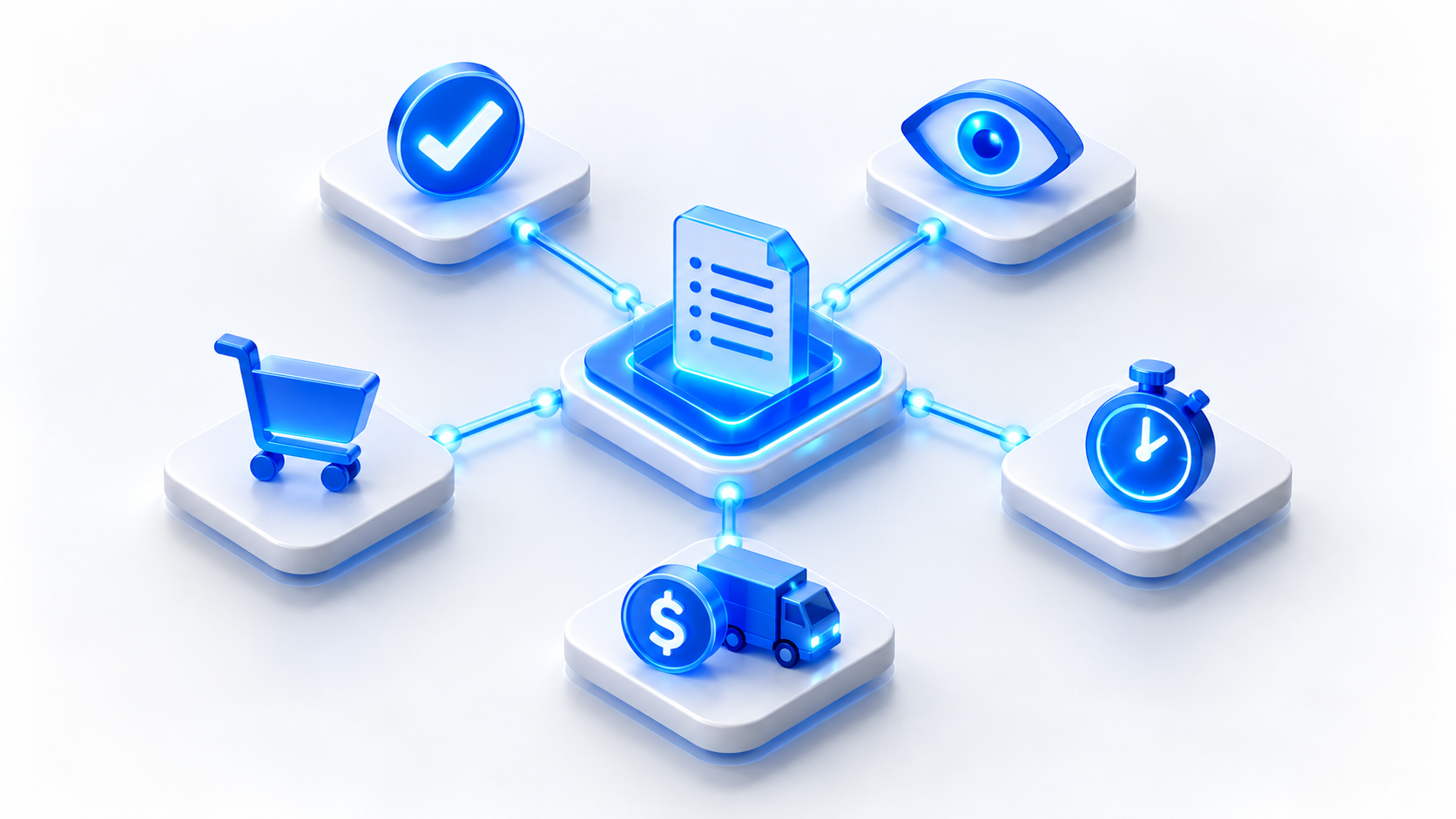 openbom-business-benefits-bom-control Isometric illustration of a central BOM connected to accuracy, visibility, speed, cost, supplier and purchasing icons