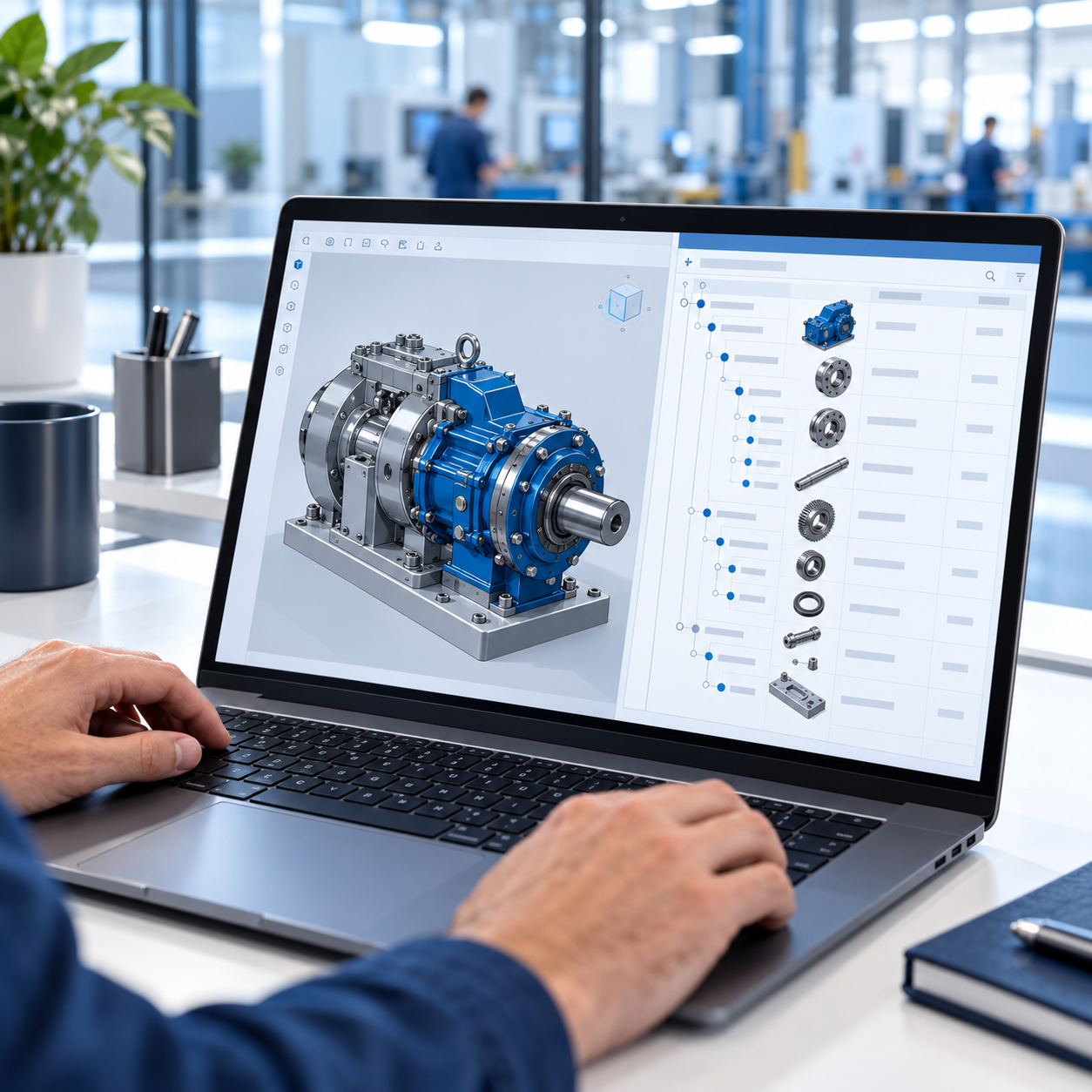 openbom-solidworks-add-in Laptop showing a 3D gearbox assembly next to an indented multi-level BOM with part thumbnails